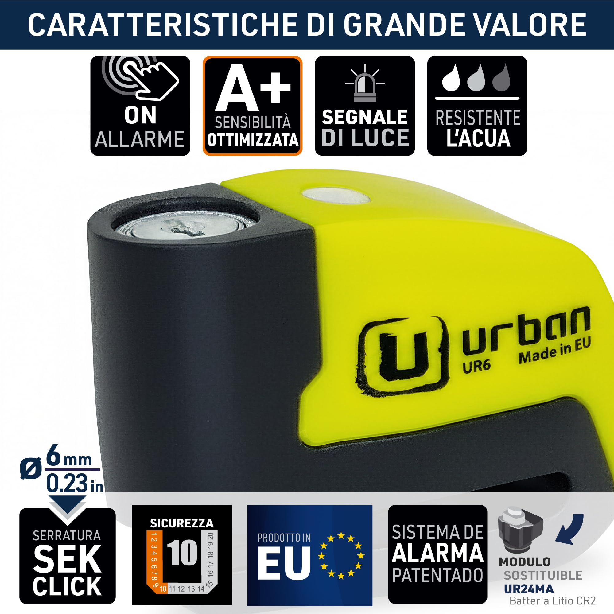 URBAN UR6 Antifurto Moto Blocca Disco con Allarme 120dB LED Impermeabile Sensibilità A+