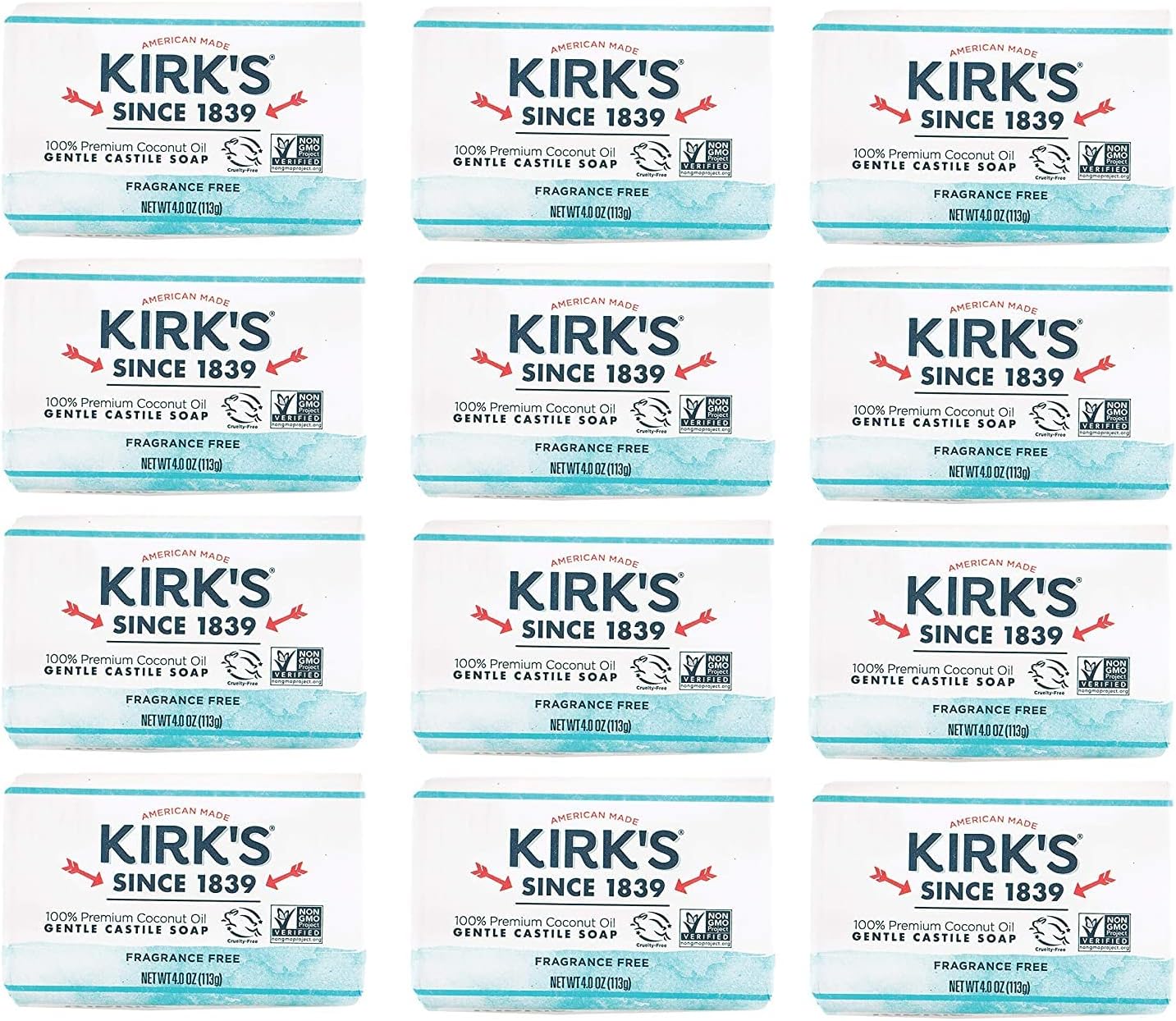 Castile Bar Soap by Kirkâ€™s | Clean Soap for Men, Women & Children | Premium Coconut Oil | Sensitive Skin Formula, Vegan | Fragrance-Free/Unscented | 4 oz. Bars - 12 Pack