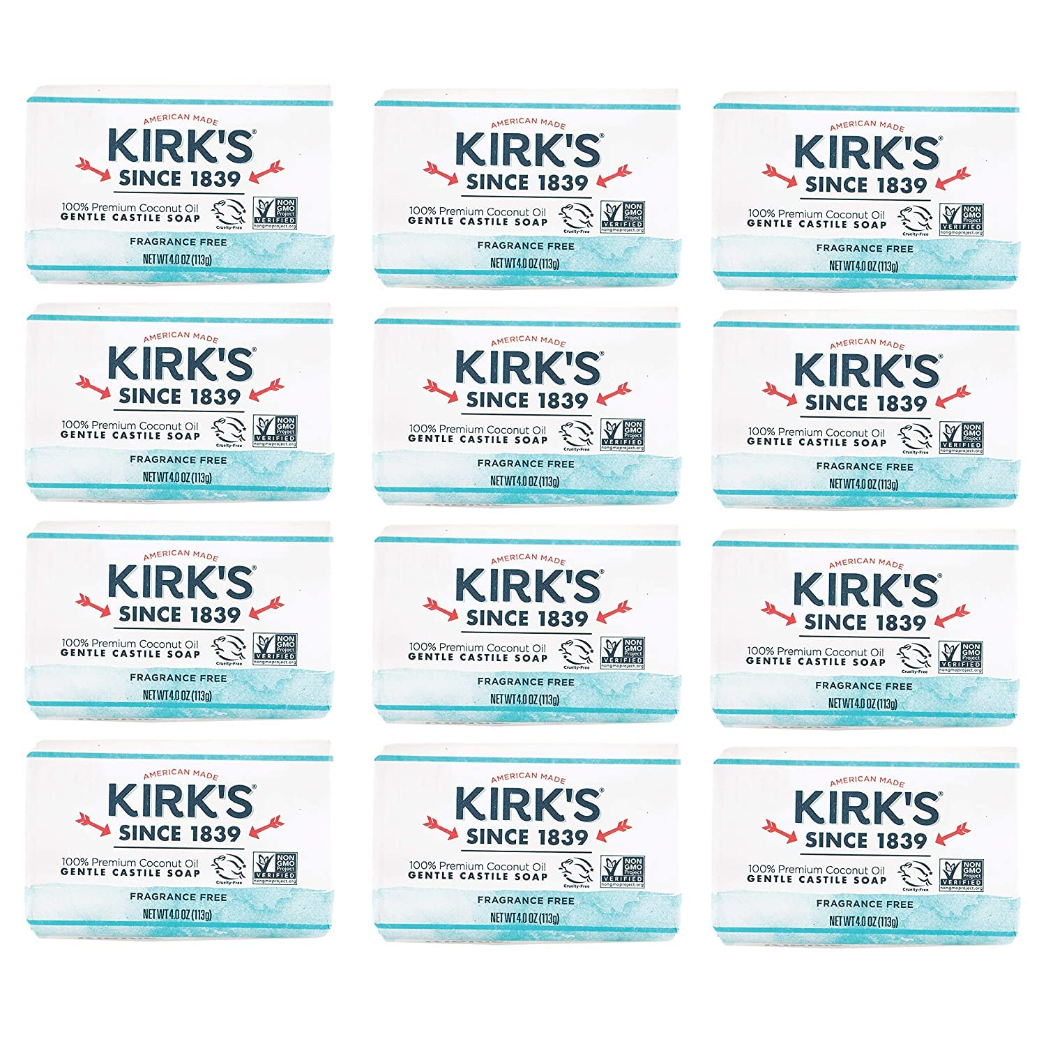Castile Bar Soap by Kirkâ€™s | Clean Soap for Men, Women & Children | Premium Coconut Oil | Sensitive Skin Formula, Vegan | Fragrance-Free/Unscented | 4 oz. Bars - 12 Pack