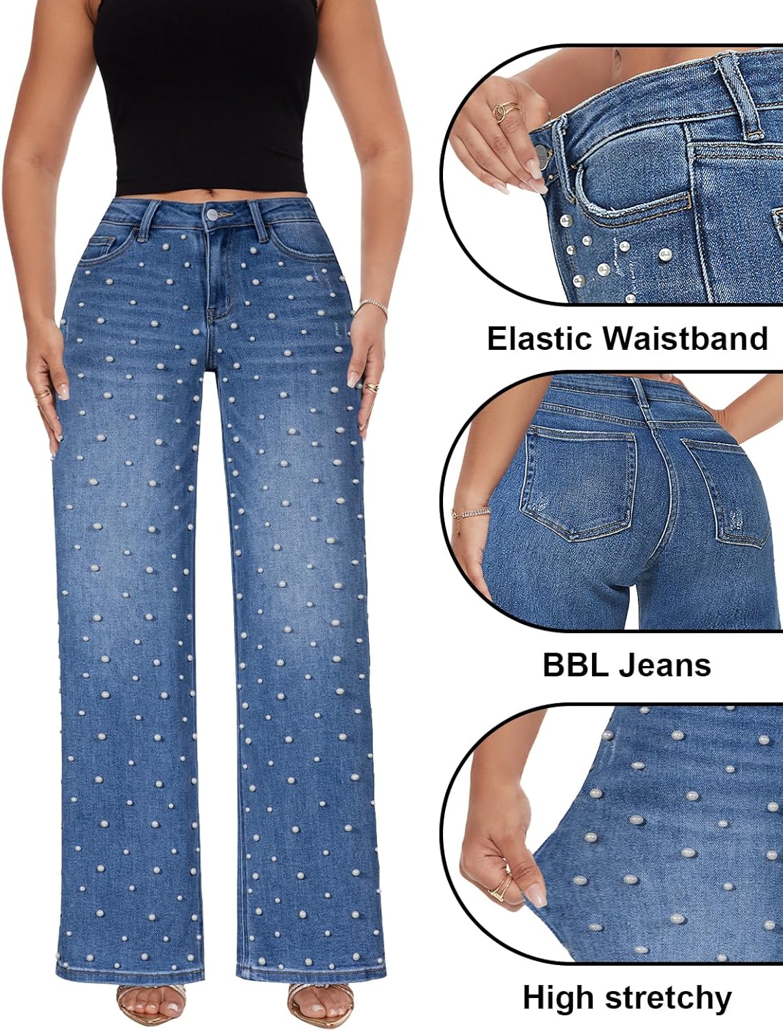 ONESO Mid-Low Rise Baggy Jeans Wide Leg for Women Distressed Pants Stretchy Bottom Lady Basic Comfortable Denim