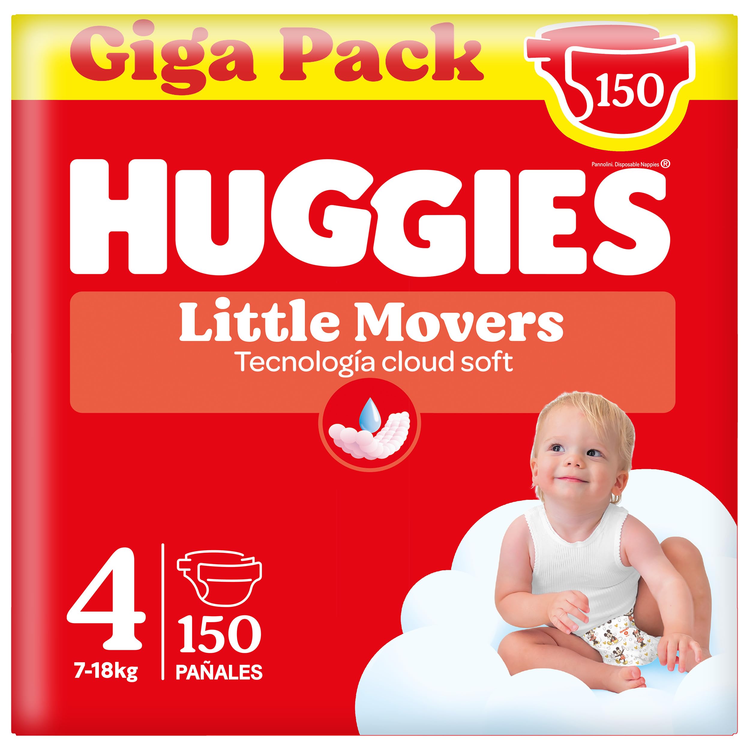 HUGGIES Little Movers Pañales para Bebé con Diseños Disney Talla 4 (7-18 kg), Comodidad para la Piel 24/7, 3 Packs de 50, Total 150 Pañales