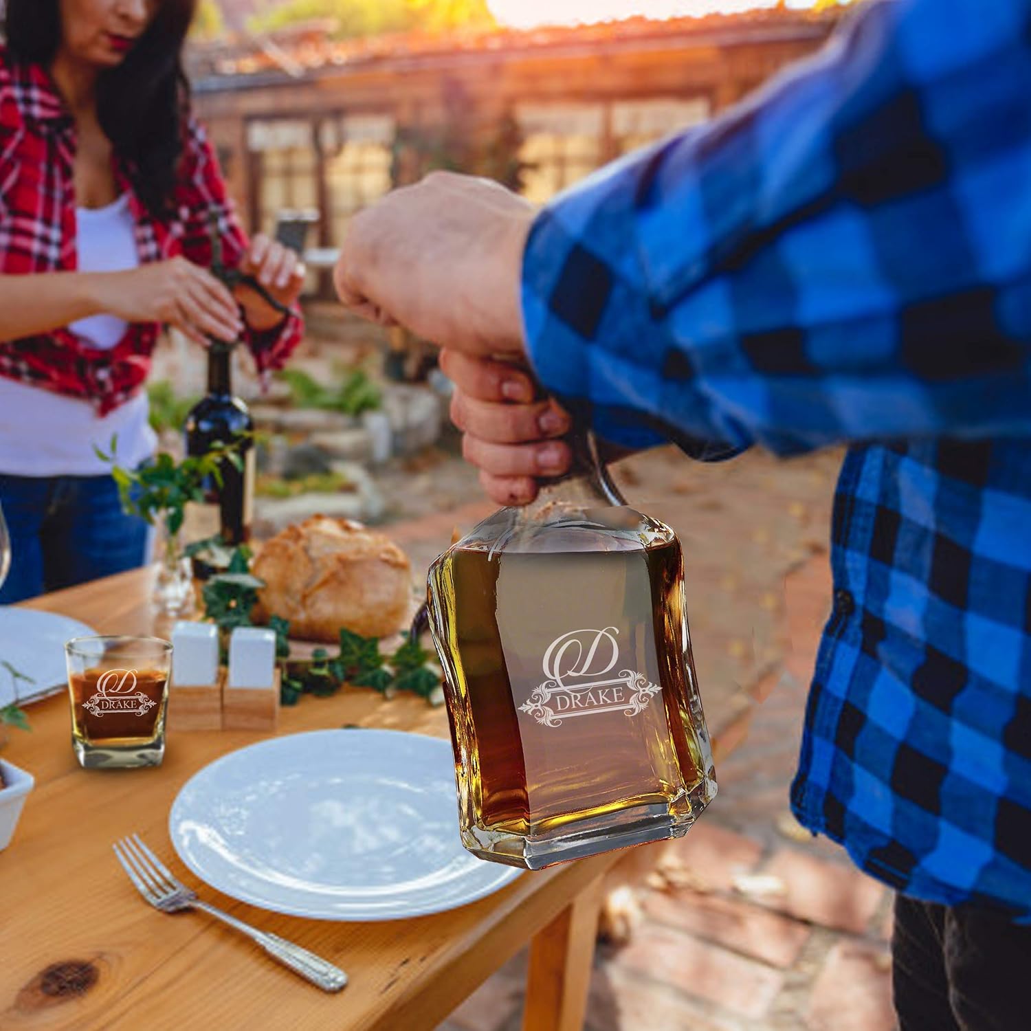 My Personal Memories, Personalized 5 pc Whiskey Decanter Set - Decanter and 4 Glasses Gift Set - Custom Engraved with Name and Initial (Fancy Design)