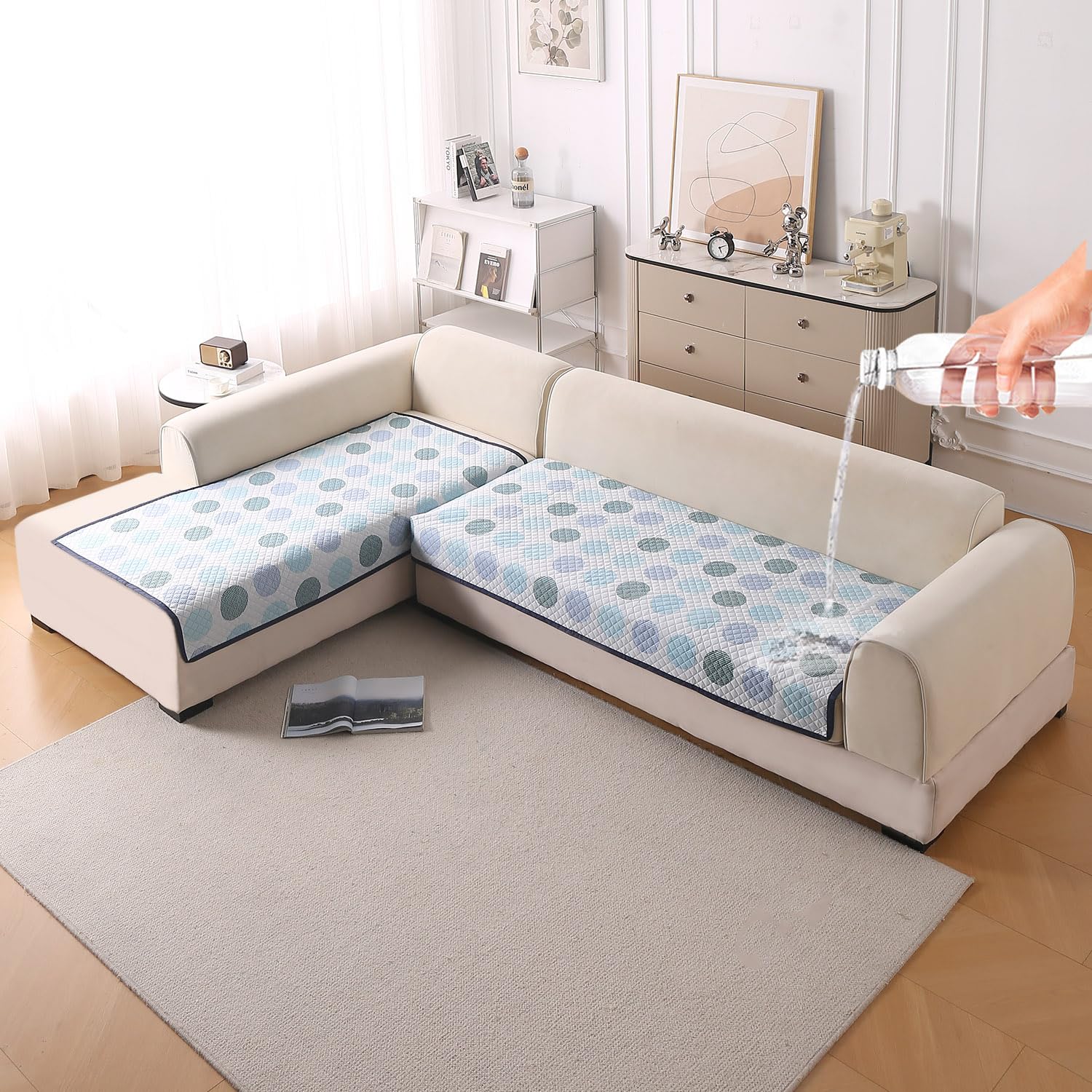 Beige Peony Sofa Cover - L Shape 5 Seater -16