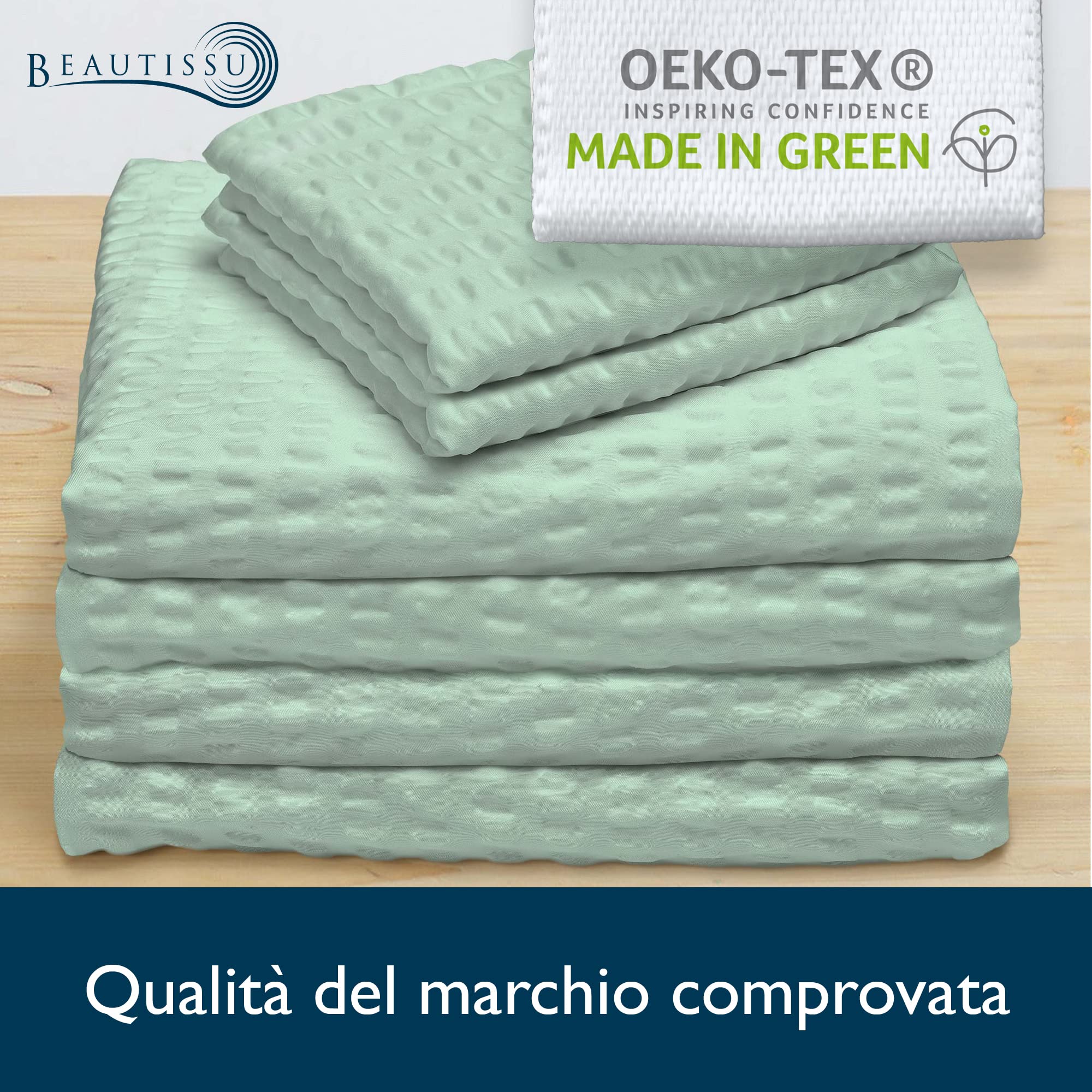 Beautissu Set di 4 Biancheria da letto Seersucker Copripiumino con cerniera | 135x200cm salvia per l'estate Federa e traspirante delicato sulla pelle senza stiro cuscino parure estiva singolo Meline
