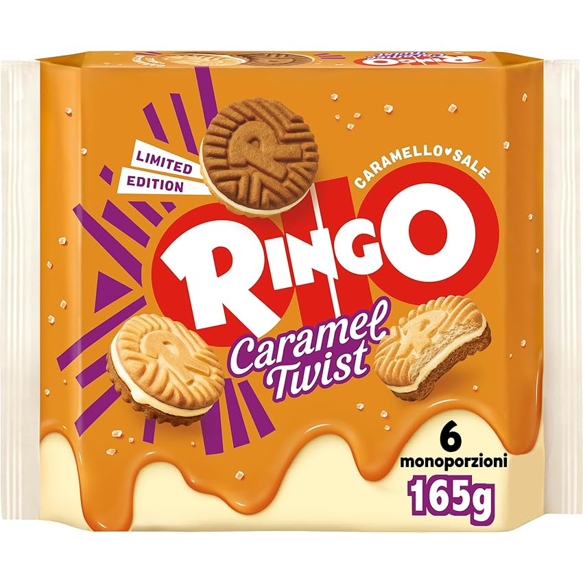 Immagine del prodotto Pavesi Ringo Caramel Twist, Biscotti Farciti con Crema al Gusto Caramello Salato, 165g