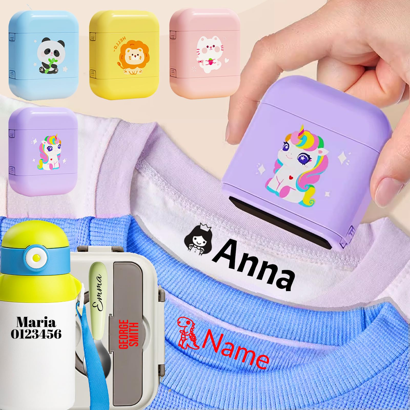 Double Sided Custom Name Stamp for Kids' Clothing, Waterproof, Personalised Labels, Cartoon Patterns，14 X 32 mm