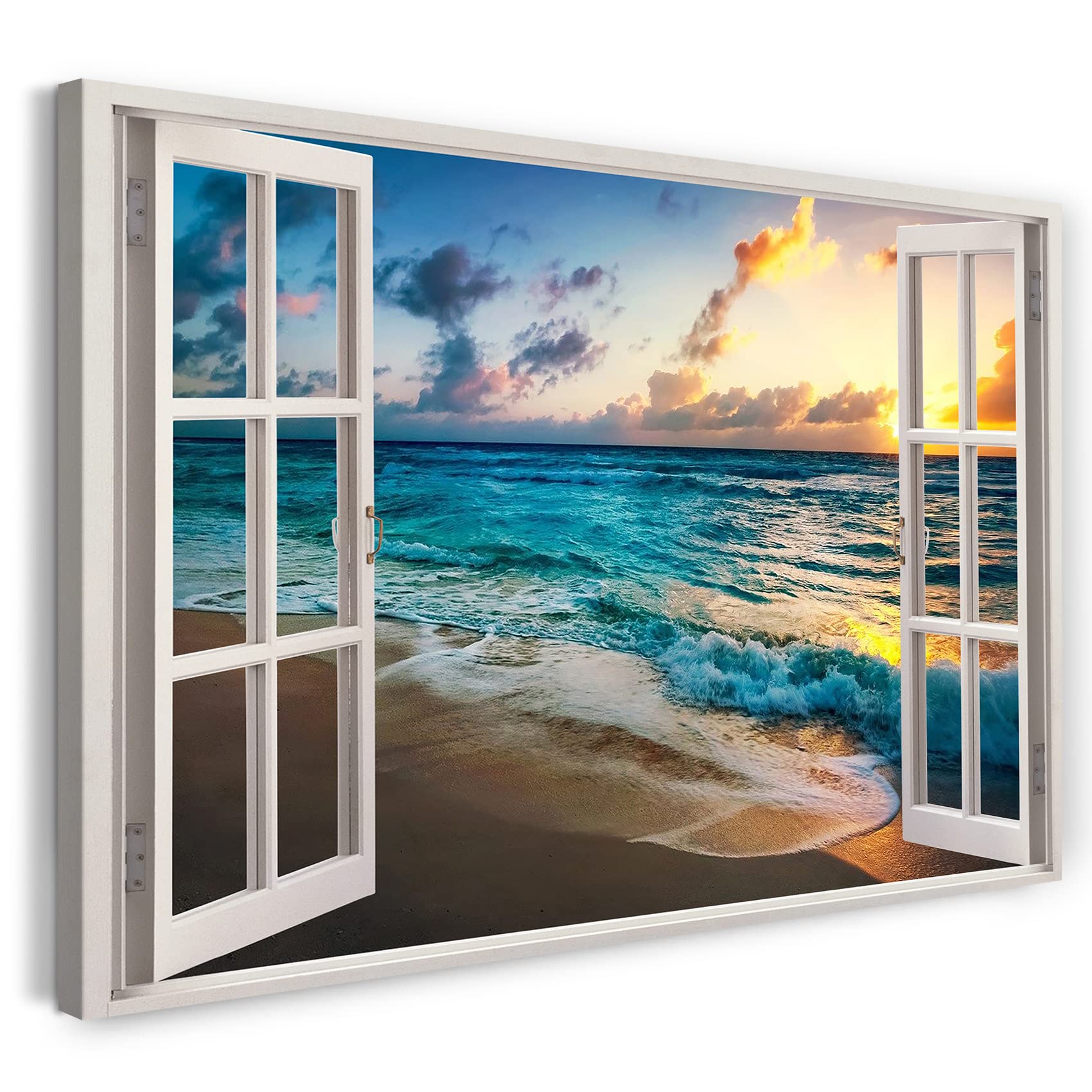 Print on Canvas (100x70 cm) view from the window - sunset at the sea, holiday on the sandy beach - nature photography, real wood frame with hook
