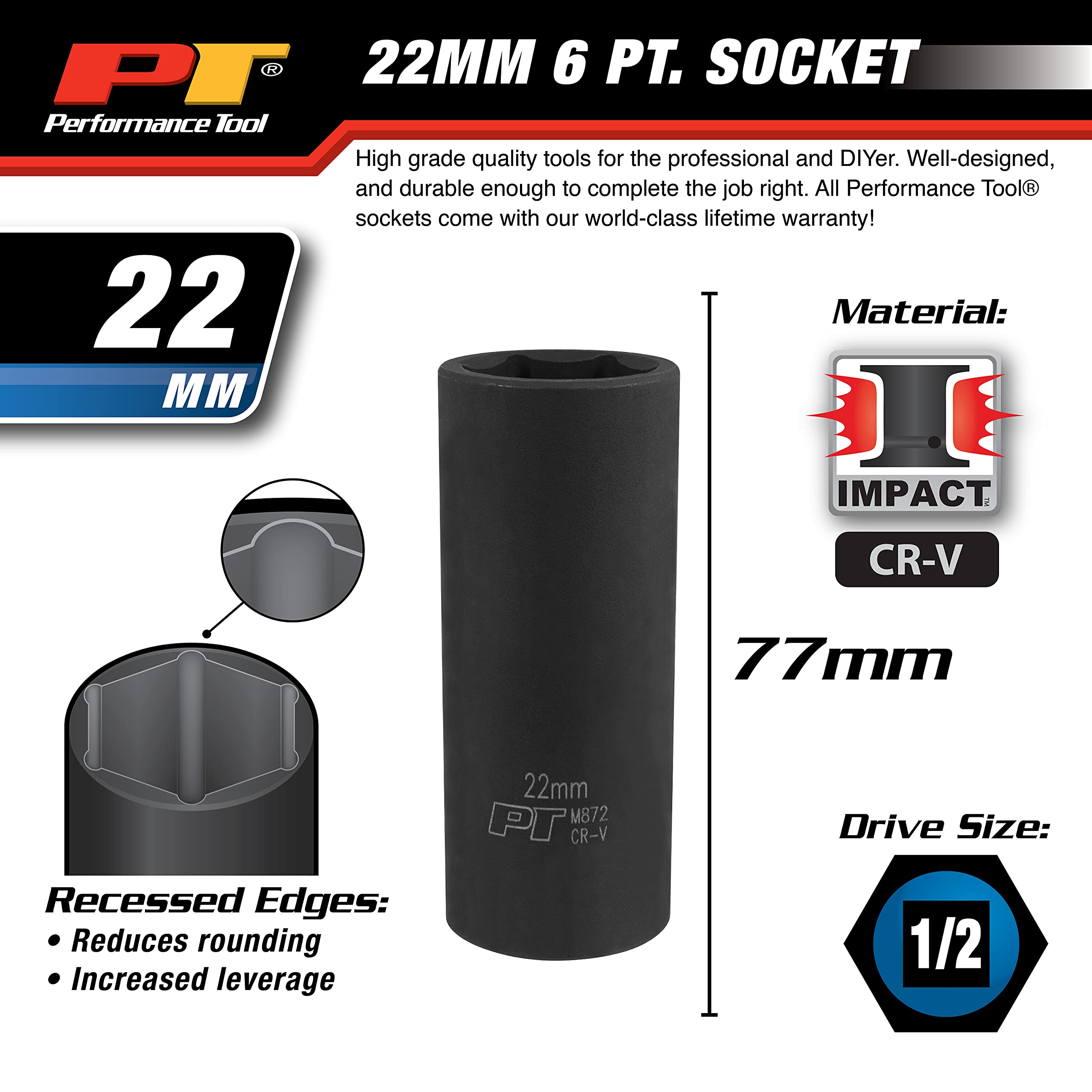 PERFORMANCE TOOL M872 1/2 Drive 6pt Impact Socket, 22mm, 22 mm - Image 4