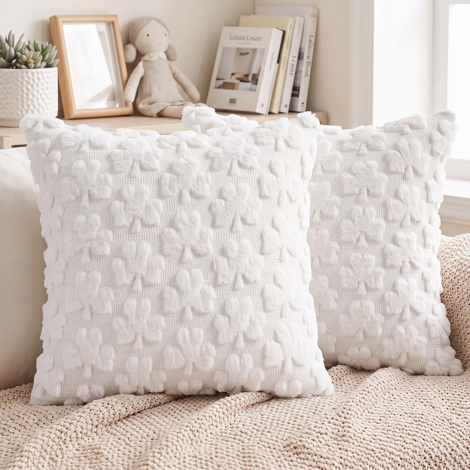 Vijamiy Cushion Covers 45x45cm Set of 2 Four-Leaf Clover Off-White