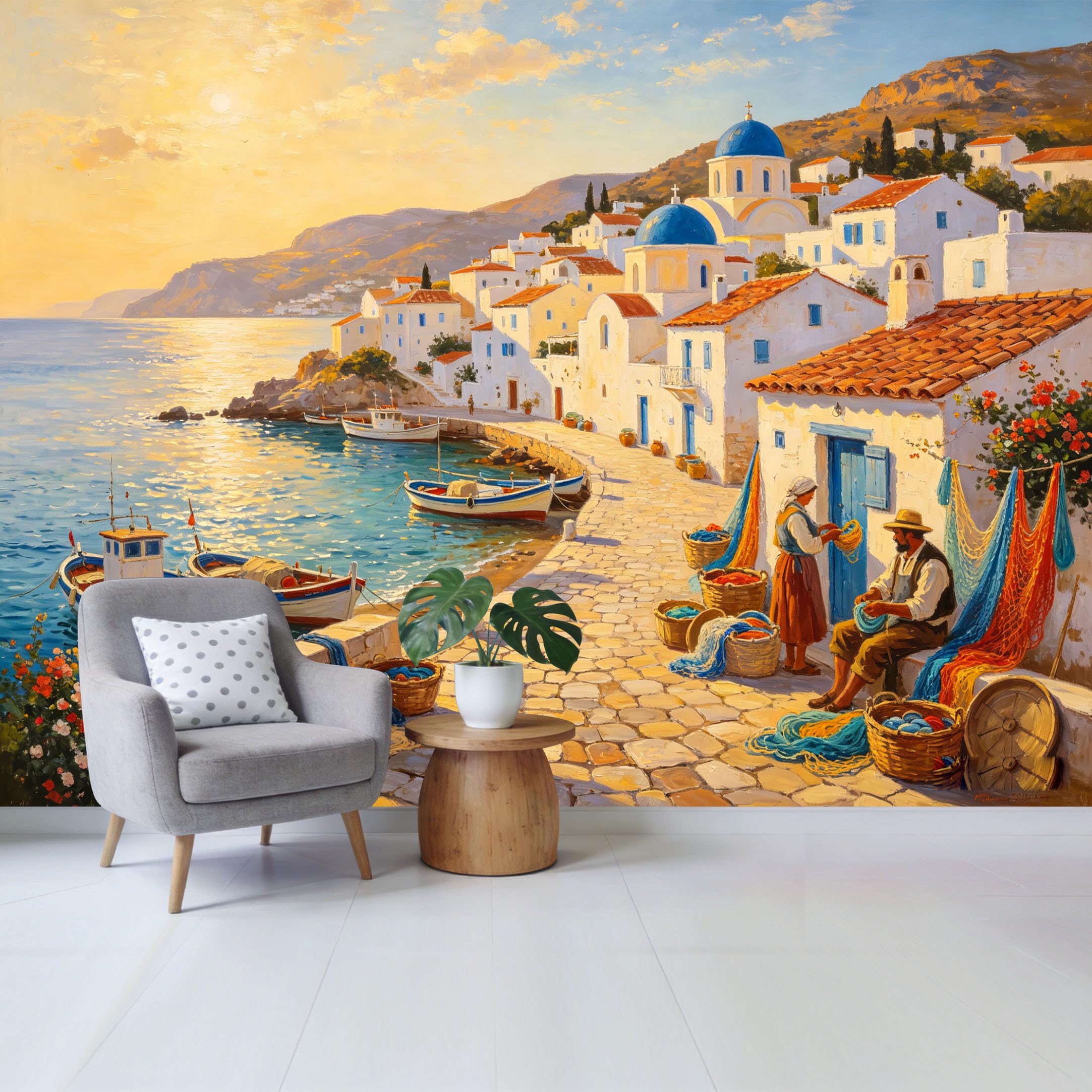 Custom Size Wall Mural Mediterranean Coastal Fishing Village Oil Painting Sunlit Harbor SelfAdhesive Wall Fabric Removable Wallpaper for Home Office Decor