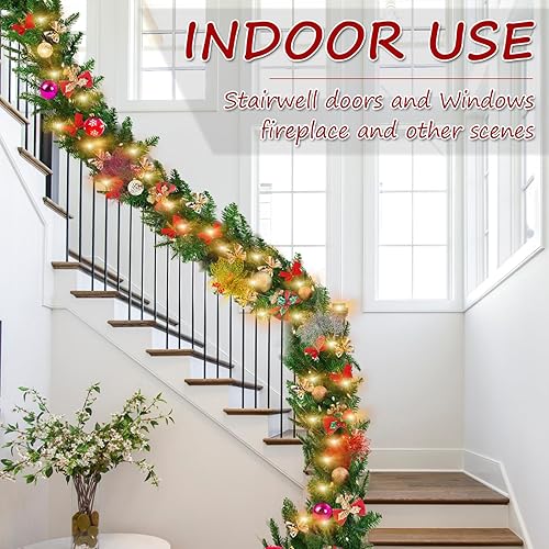 Miniatura 5 de CESHUMD Guirnalda de Navidad, guirnalda de Navidad de 9 pies con 80 luces LED, guirnalda de Navidad iluminada a pilas para decoraciones de Navidad