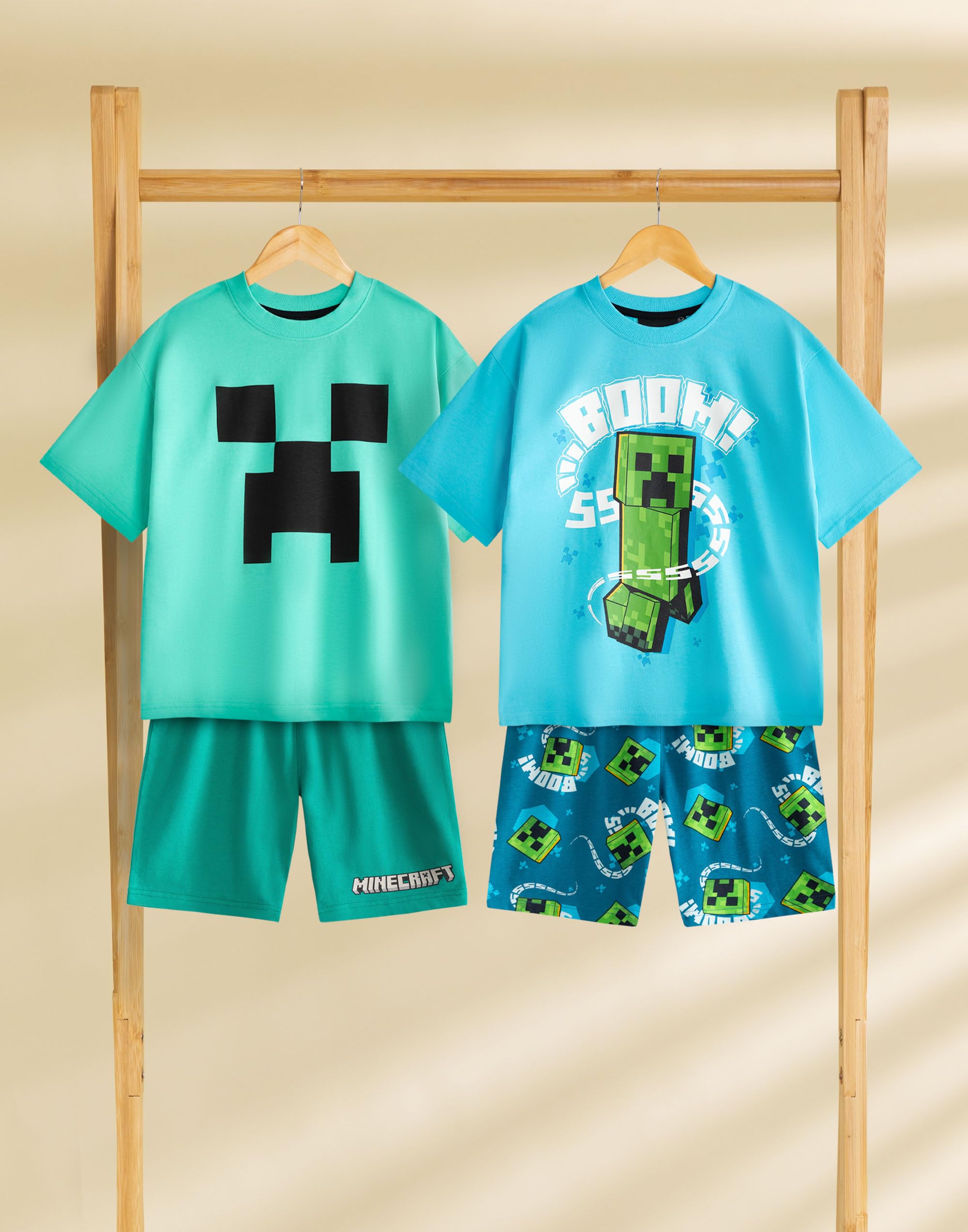 Minecraft Creeper Boys Paquete múltiple de 2 Conjuntos de Pijamas de Manga Corta | Pijamas de Dibujos Animados Azules y Verdes | Boom Diseño Gráfico | Ropa de Jugador para niños