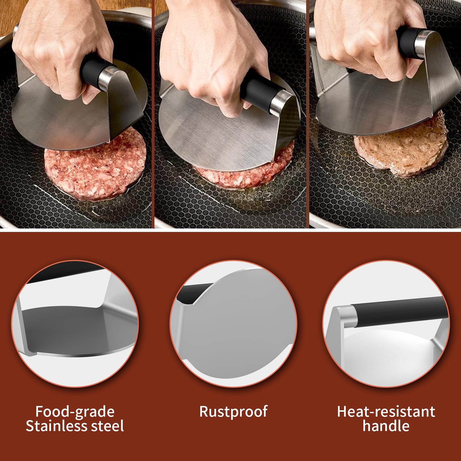 Zestaw do wyciskania burgerów Smash, okrągła prasa do hamburgerów, prasa do bekonu ze stali nierdzewnej i urządzenie do hamburgerów, nieprzywierające burgery, zestaw narzędzi do grillowania i