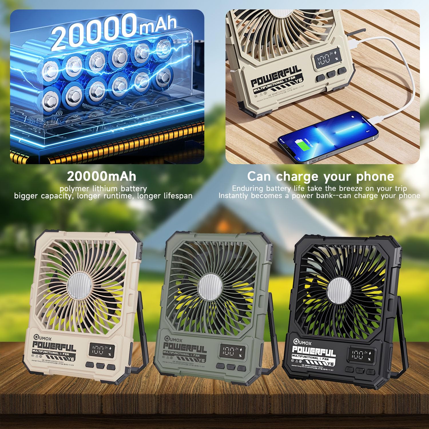 QUMOX Y6 Ventilador de Camping Recargable con Luz LED, Negro | Batería 20000mAh, Mando a Distancia, 4 Velocidades y 4 Modos de Luz, Temporizador 2/4/6H