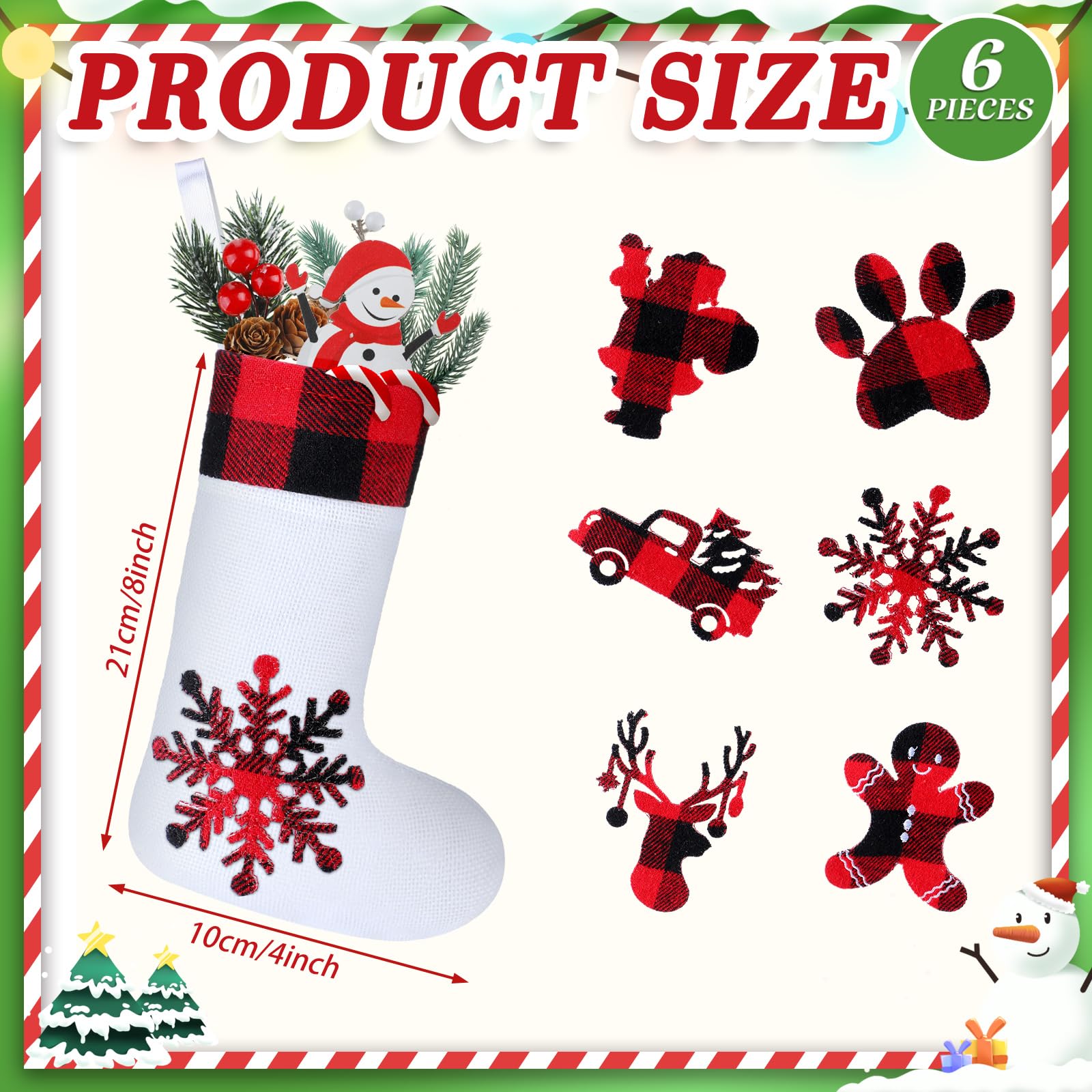 Skylety Lot de 24 chaussettes de Noël classiques à carreaux de buffle avec revers en peluche pour décoration de fête de famille, Noël, vacances (rouge noir manchette, blanc)