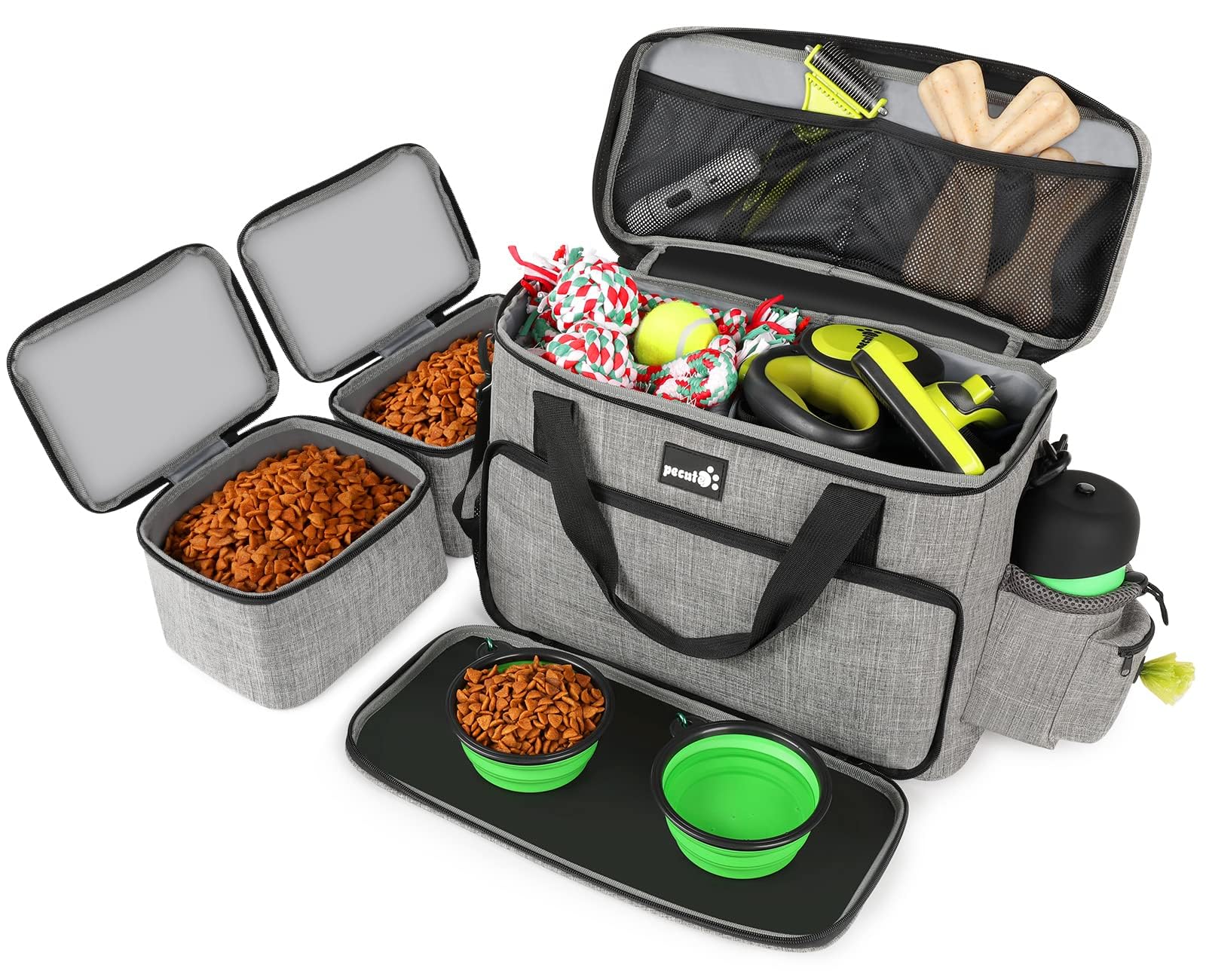 pecute Dog Travel Bag Large, Portable for Travel, Pet with Multi-Function Pockets, Tote Organizer Outdoor use Set 2 Food Bags + Collapsible Bowls, Grey