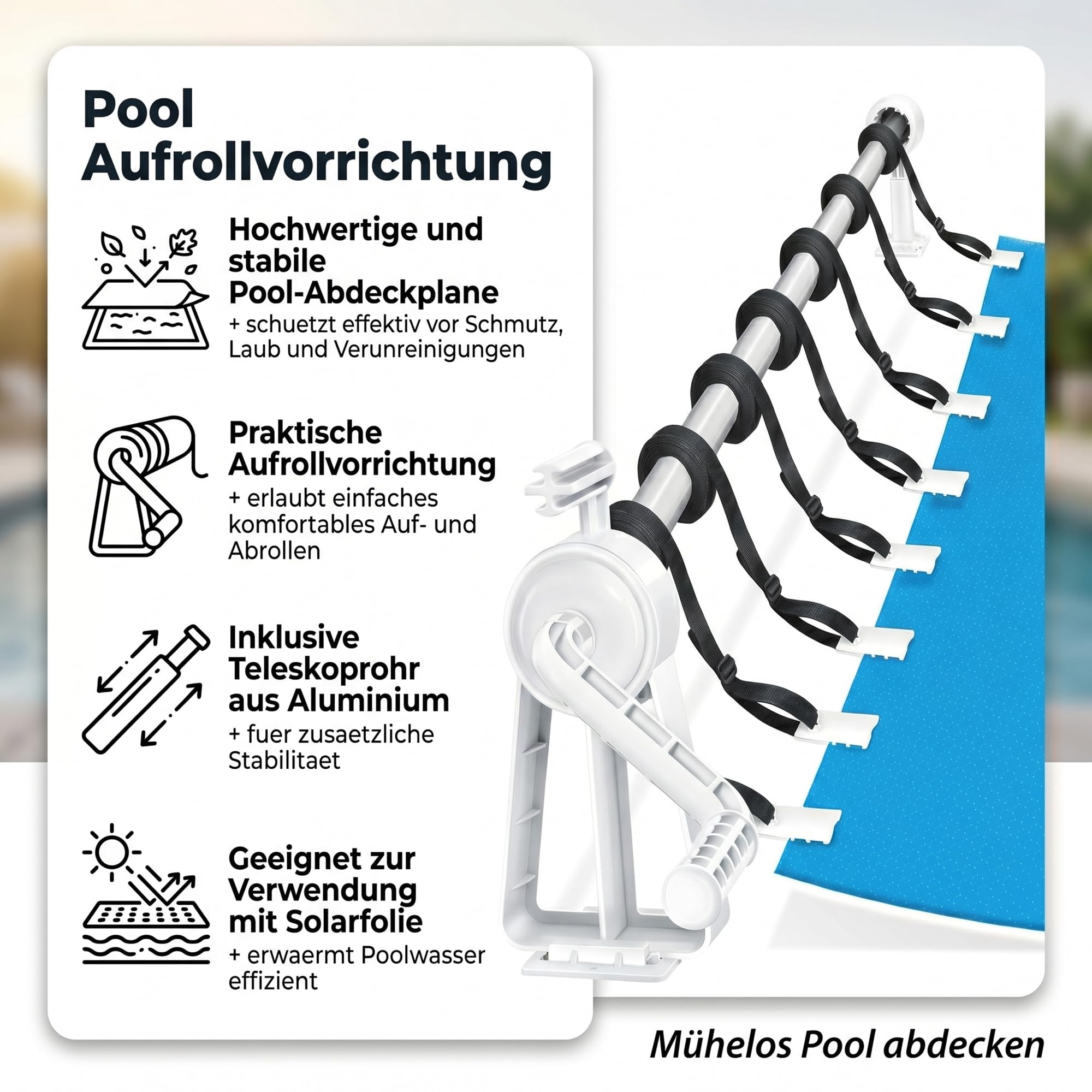 Mucola Aufrollvorrichtung Pool Solarfolie 100-600 cm – Aluminium Teleskopstange stufenlos verstellbar mit Standfüßen und Befestigungsgurten | Poolzubehör für müheloses Aufrollen der Poolabdeckung