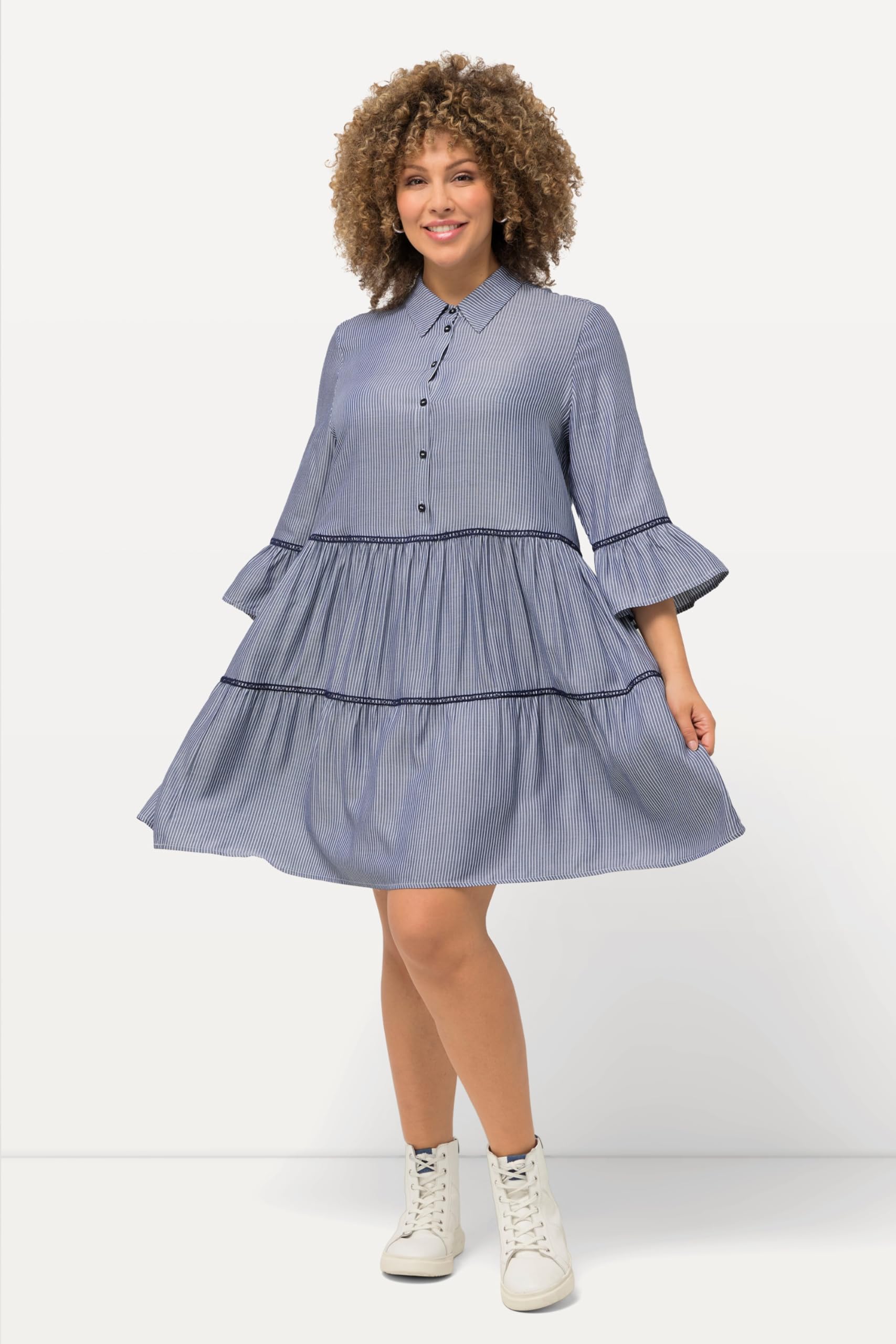 Ulla Popken Femme Grandes Tailles Robe, Bandes brodées, Coupe évasée, col Chemise, Manches 3/4 827335