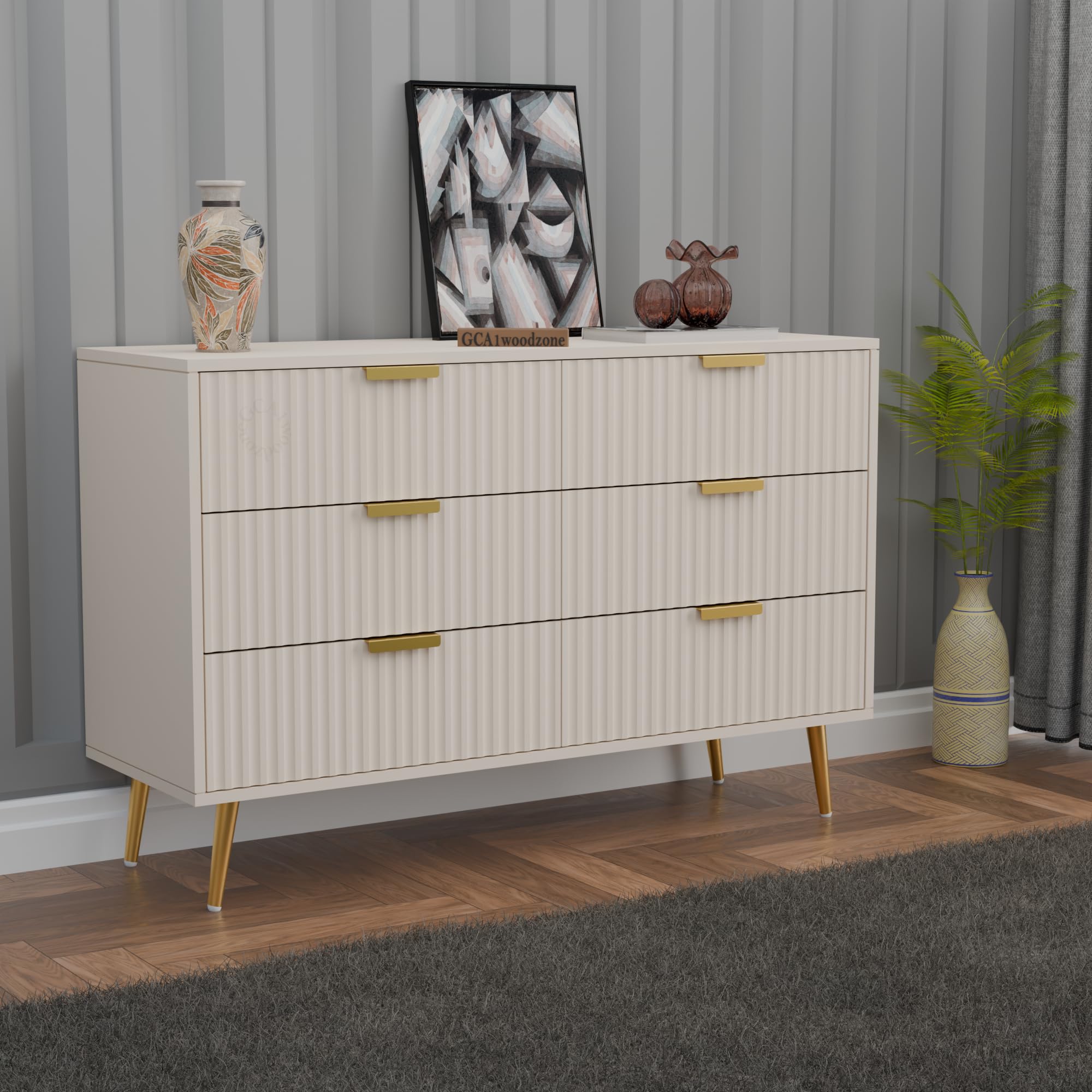 GCA1 WOODZONE Wooden Chest of Drawers | 6 Drawers Dresser Console Cabinet for Bedroom, Living Room, Drawing Room & Office | Sideboard | Multipurpose Storage | HDMR Premium Wood & Iron, White & Golden