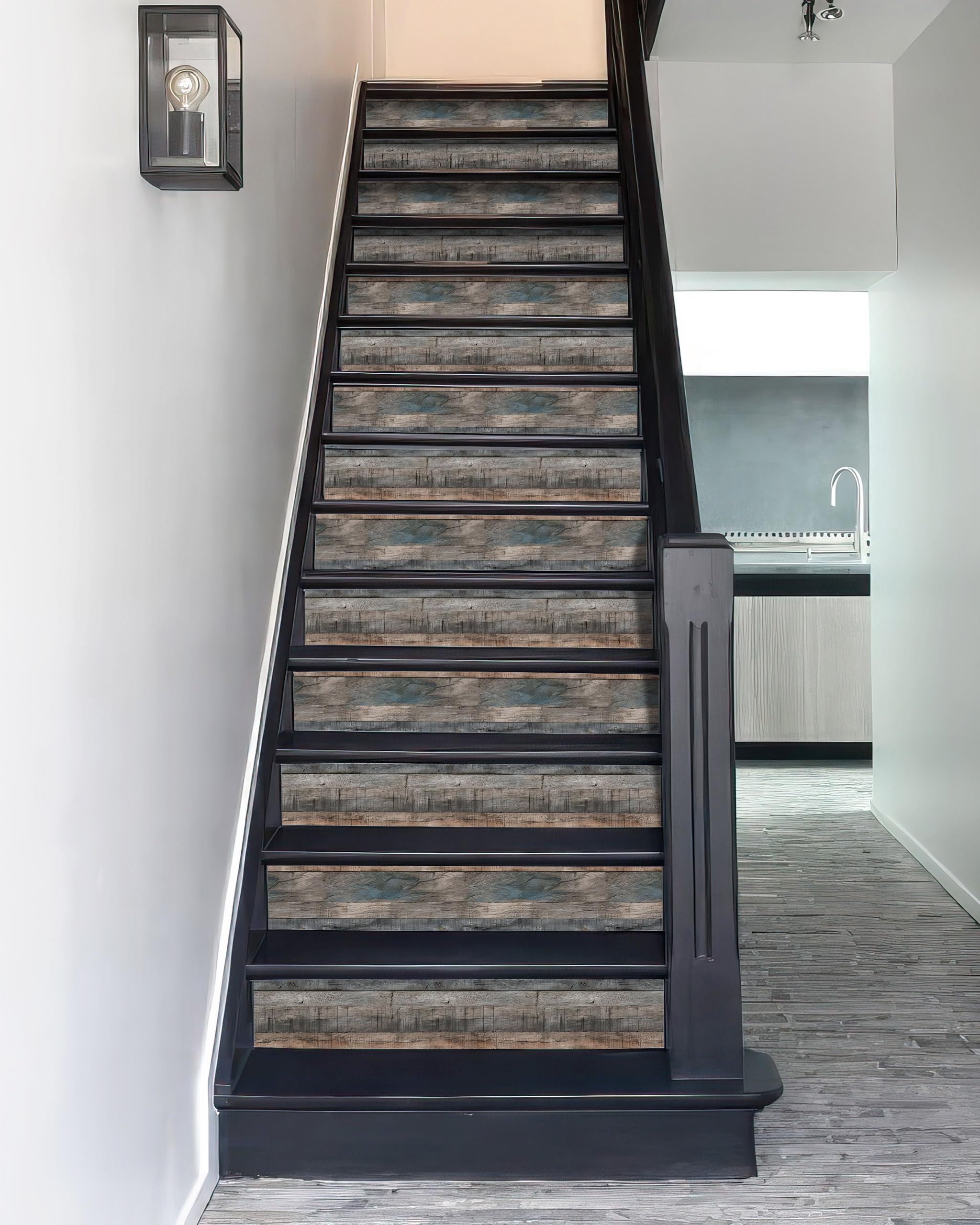 FLFK 15 Strips Stair Riser Decals Peel and Stick Removable and Waterproof Vinyl Stair Stickers for Home Decor，Weathered Wood Plank 39.3" x 7.08"