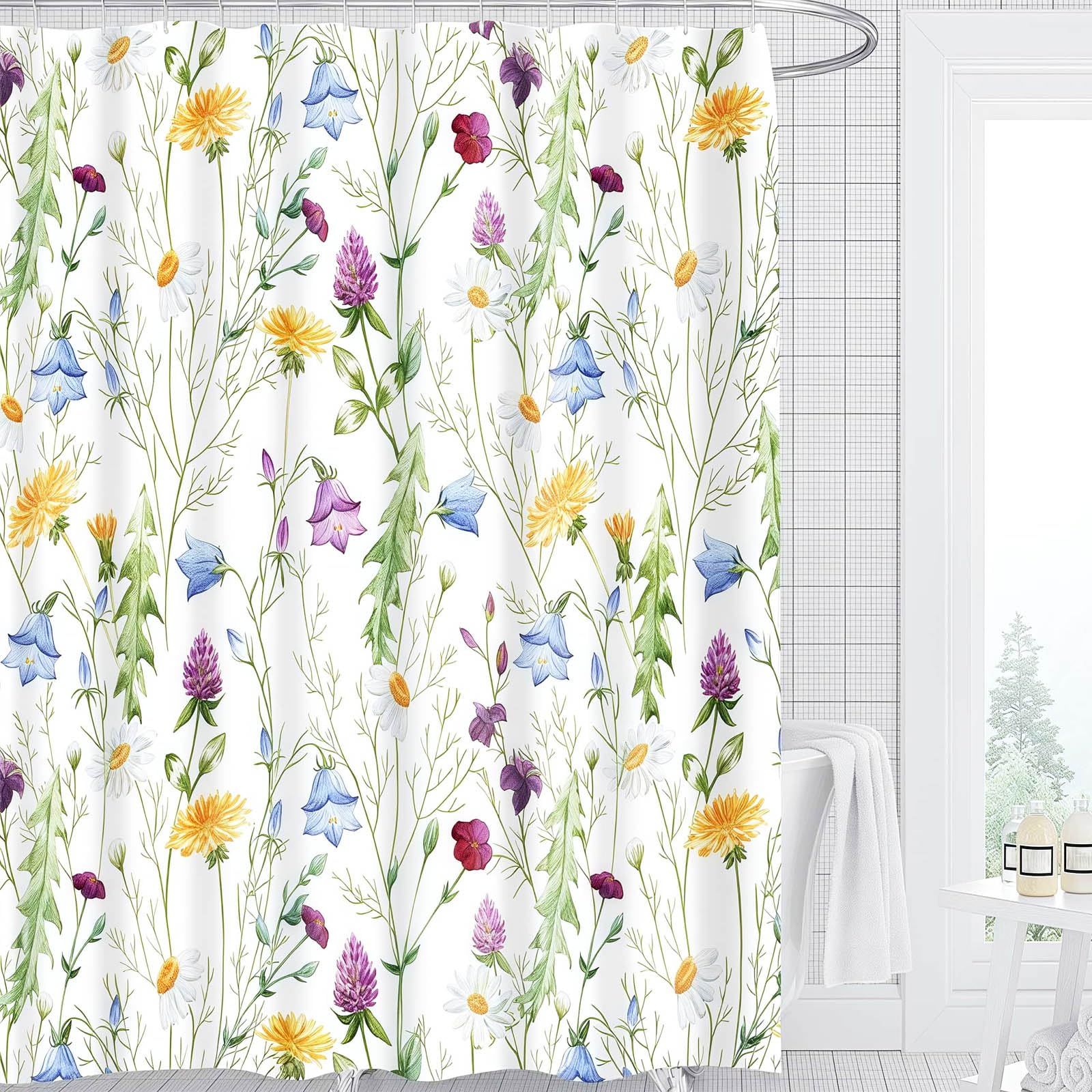 FAVORTALK Shower Curtain Floral Shower Curtains Mould Proof Resistant Waterproof Plant Bathroom Decoration Leaves Washable Quick-Drying Bath Curtains with 12 Hooks 180x180cm (71"x71") 43710