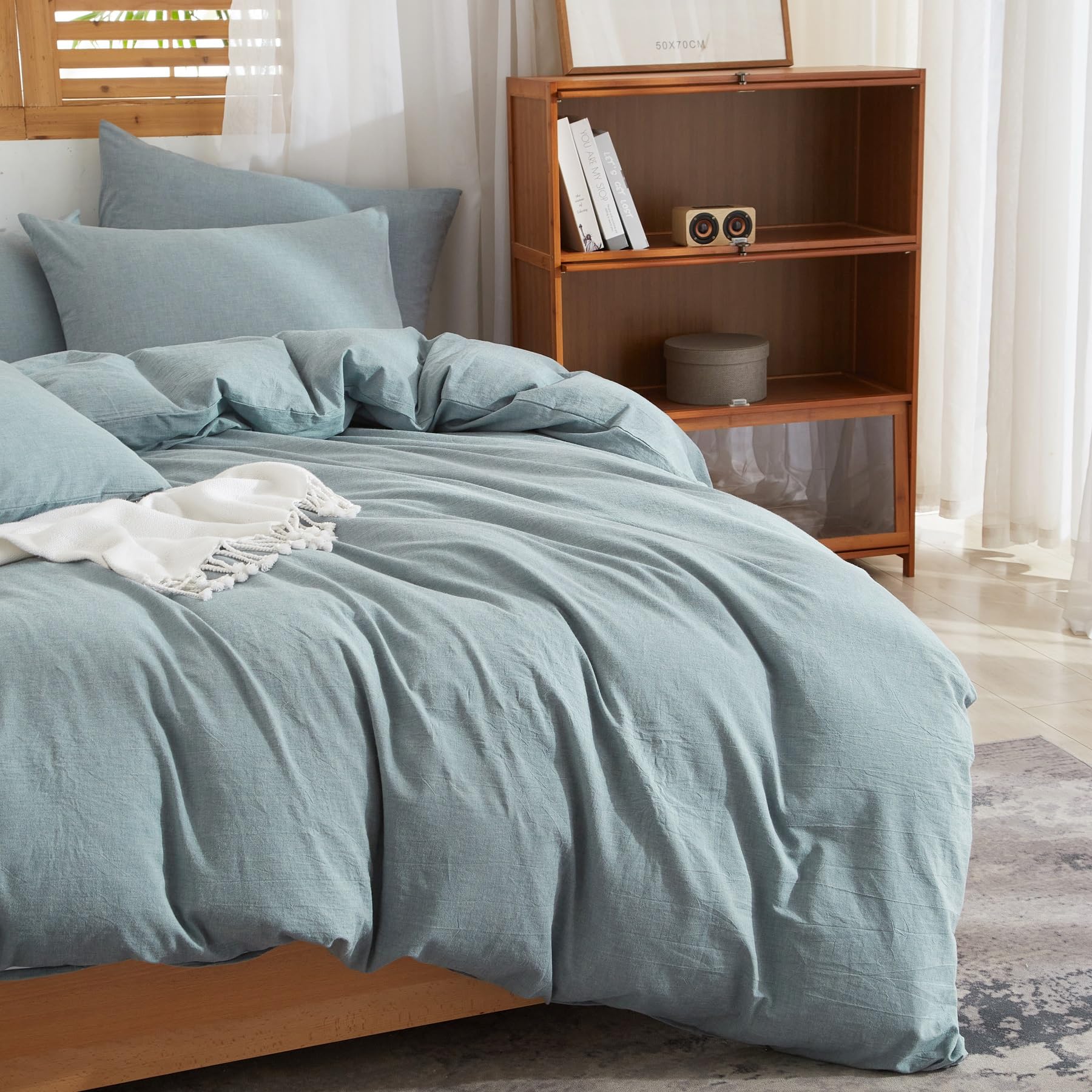 Copripiumino Mezza Lino 140 x 200 Blu - Set da letto misto morbido e traspirante e morbido, in cotone, biancheria da letto singolo, con cerniera e federa 65 x 65 cm