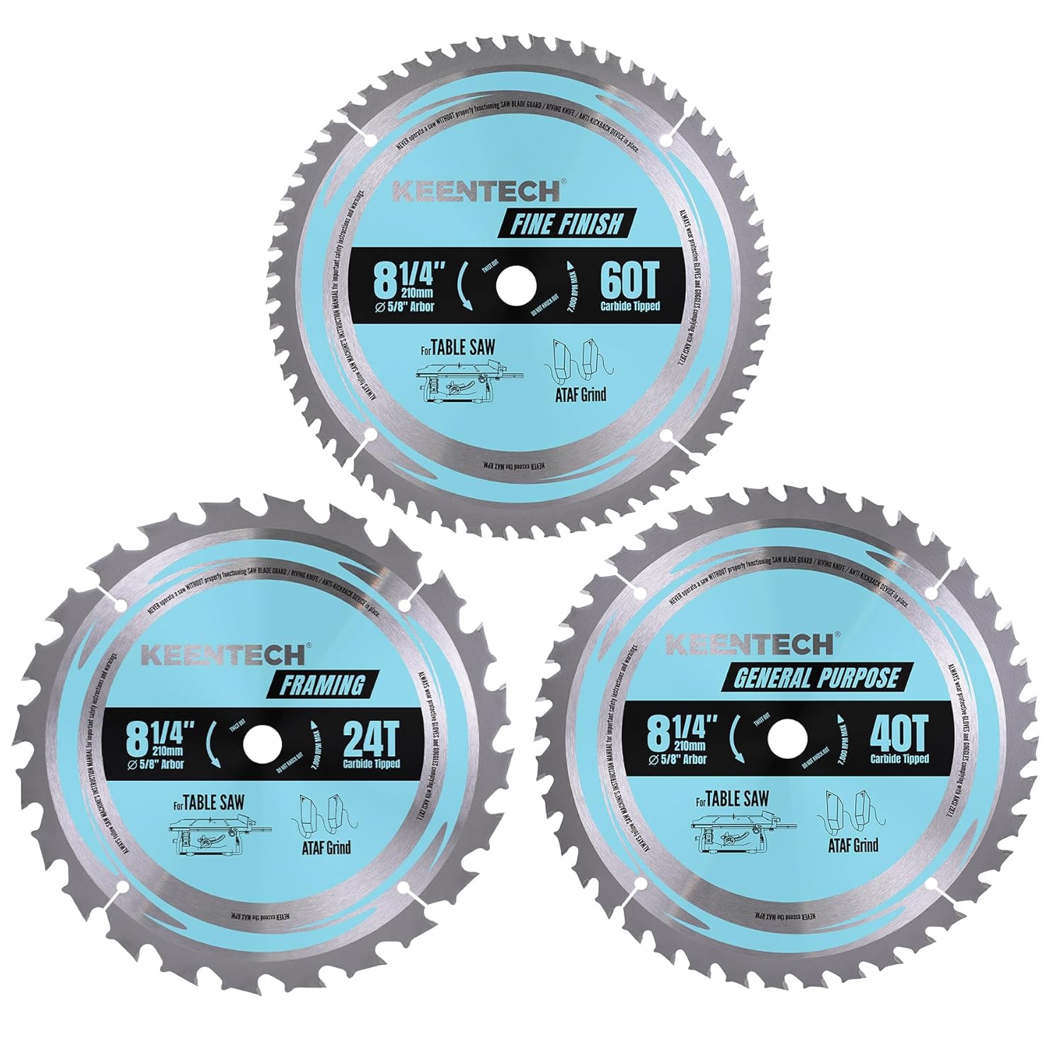 KEENTECH 8-1/4 Inch Circular Saw Blade Set 24T + 40T + 60T by 5/8" Bore for Cutting Plywood, MDF, OSB, Longer Service Life, 3-Pack