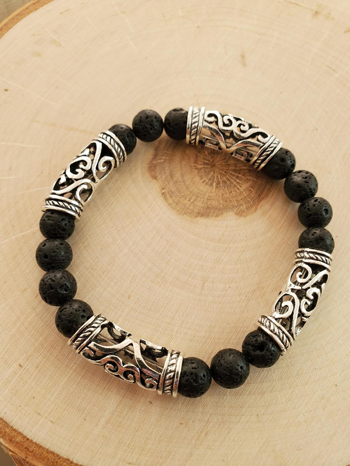 Beaded Bracelet - Sterling Silver Charm with Lava Rock - Pink Stone - Handmade Bangle - Cuff - Unisex - Adjustable - Stretchy - Essential Oil Diffuser - Aromatherapy - Aroma Jewelry - Everyday - Gifts for Men - Womens Gift(Dyed Lava Rock+Sterling Silver)