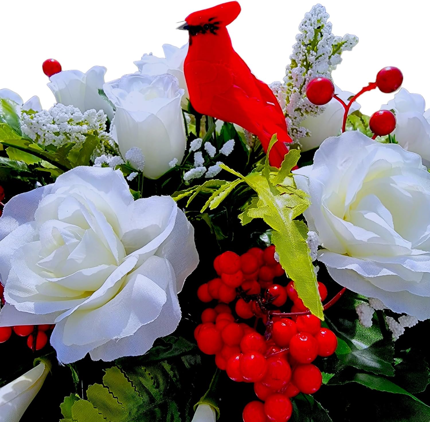 Cemetery Saddle Memorial Decoration - Realistic Silk Faux Floral Artificial Grave Flowers - Cream Roses and Calla Lilies with Red Bird and Berries for Headstone Decorating