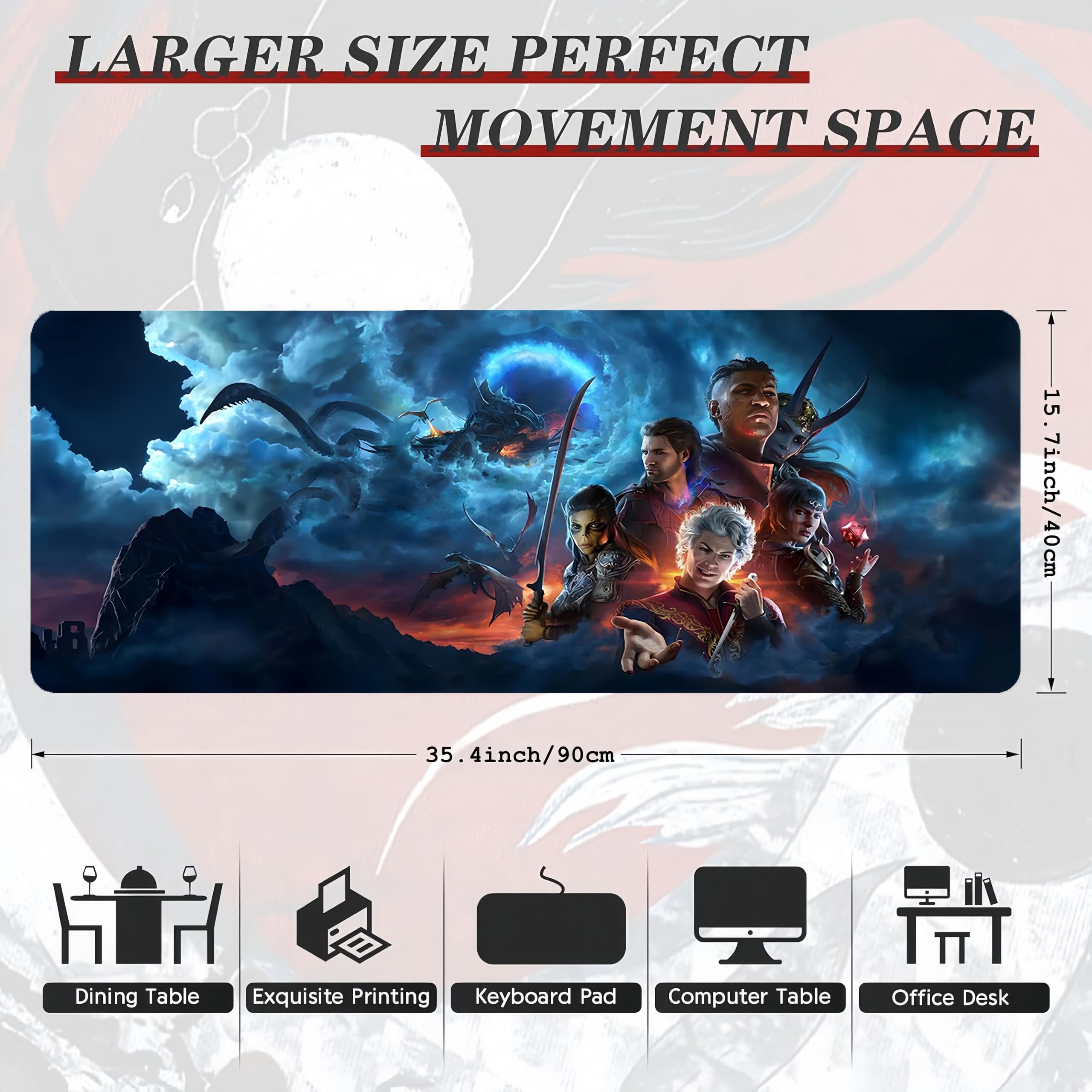 Baldur's Gate 3 Tappetino per mouse, di grandi dimensioni, tappetino per mouse da gioco, può essere utilizzato anche come tappetino per tastiera e tappetino da scrivania, ideale per uso domestico e