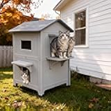 Weatherproof Cat House, Insulated Outdoor Cat House for Feral Multi Cat, 2 Storey Plastic Elevated Cat Shelter with Escape Door, Easy Assemble, Expansive Interior‌ Grey 34