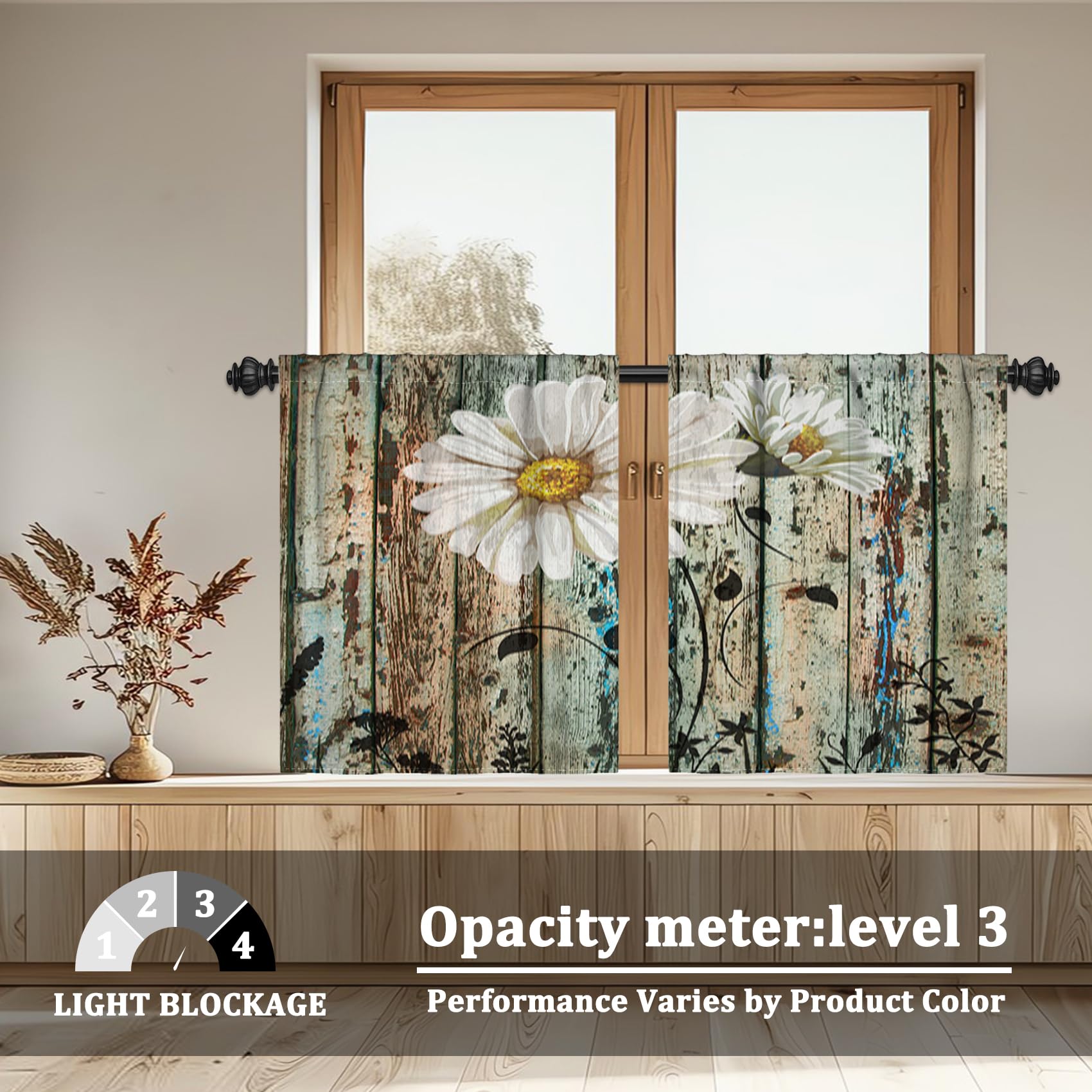 Renaiss 26 x 24 Inch Farmhouse Wooden Daisy Kitchen Tier Curtains Linen Rod Pocket Faded Plank Flower Small Short Cafe Window Treatment Curtains Rustic Floral Country Bathroom Window Drapes 2 Panels
