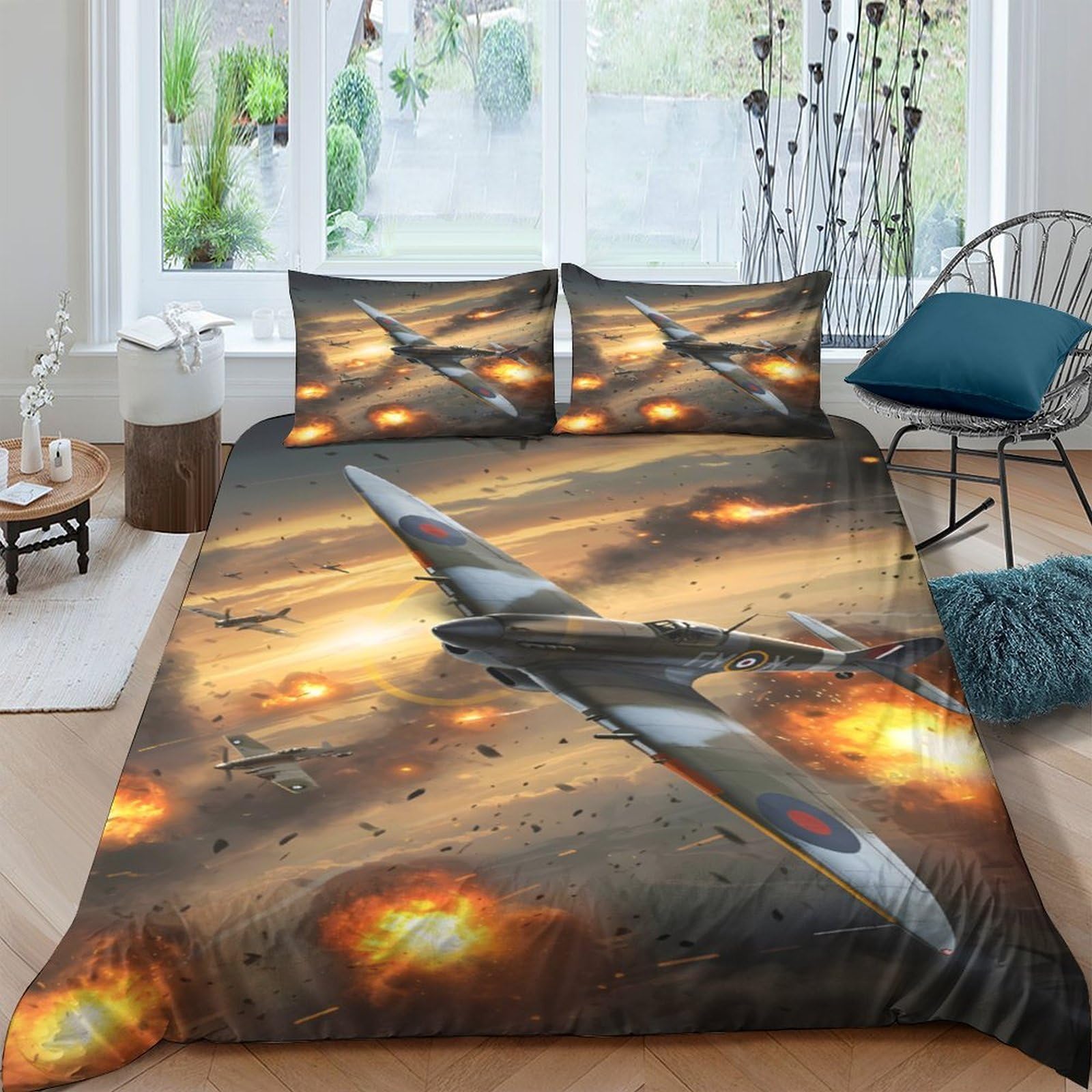 Ctjqhvkz Style-7 3D Printed Fighter Aircraft Fitted Sheet Microfiber Soft Breathable Explosion Scene Bed Cover Bedroom Decor Single（135X200cm）