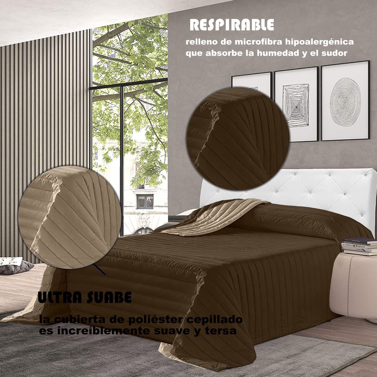 various Colcha Multiuso Bicolor, Fibra 120 gr Colcha Verano Reversible Transpirable Rellno Fibra Hueca siliconada válido para Cama de 200 cm,Tamaño 300 x 270 cm Color Arena y Choco