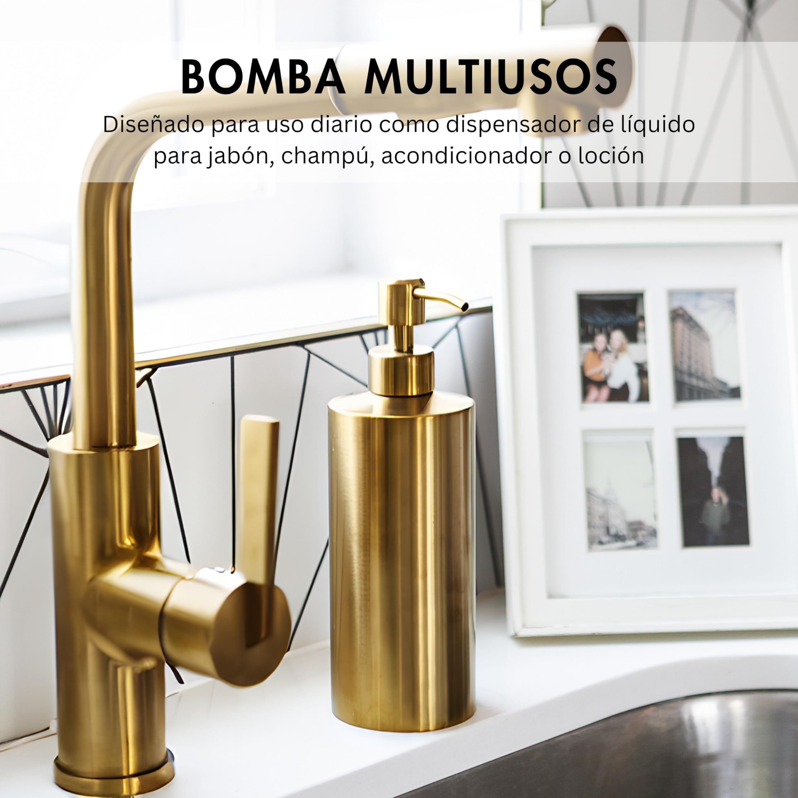 Yew Design - Dispensador de jabón de latón para baño (Acero Inoxidable) y Cocina – Dispensador de jabón de Manos, detergente o loción, 15 oz.