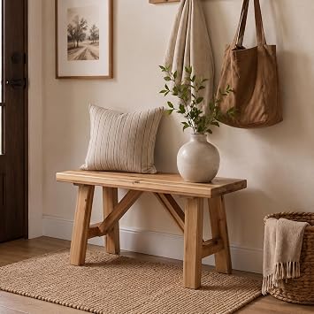 Solid Wood Entryway Bench, 30" Rustic Small Wooden Bench Narrow Farmhouse Wood Bench Seat Entry Way Bench Indoor for Living/Dining Room, Small Hallway Bench, Porch, Handcrafted, Natural
