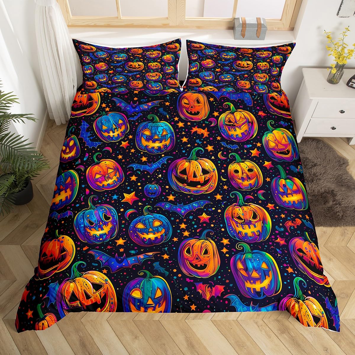 Loussiesd Happy Halloween Pumpkin Bedding Set King Size Halloween Themed Duvet Cover Set for Kids Boys Girls Horror Spooky Pumpkins Comforter Cover Soft Halloween Bats Quilt Cover