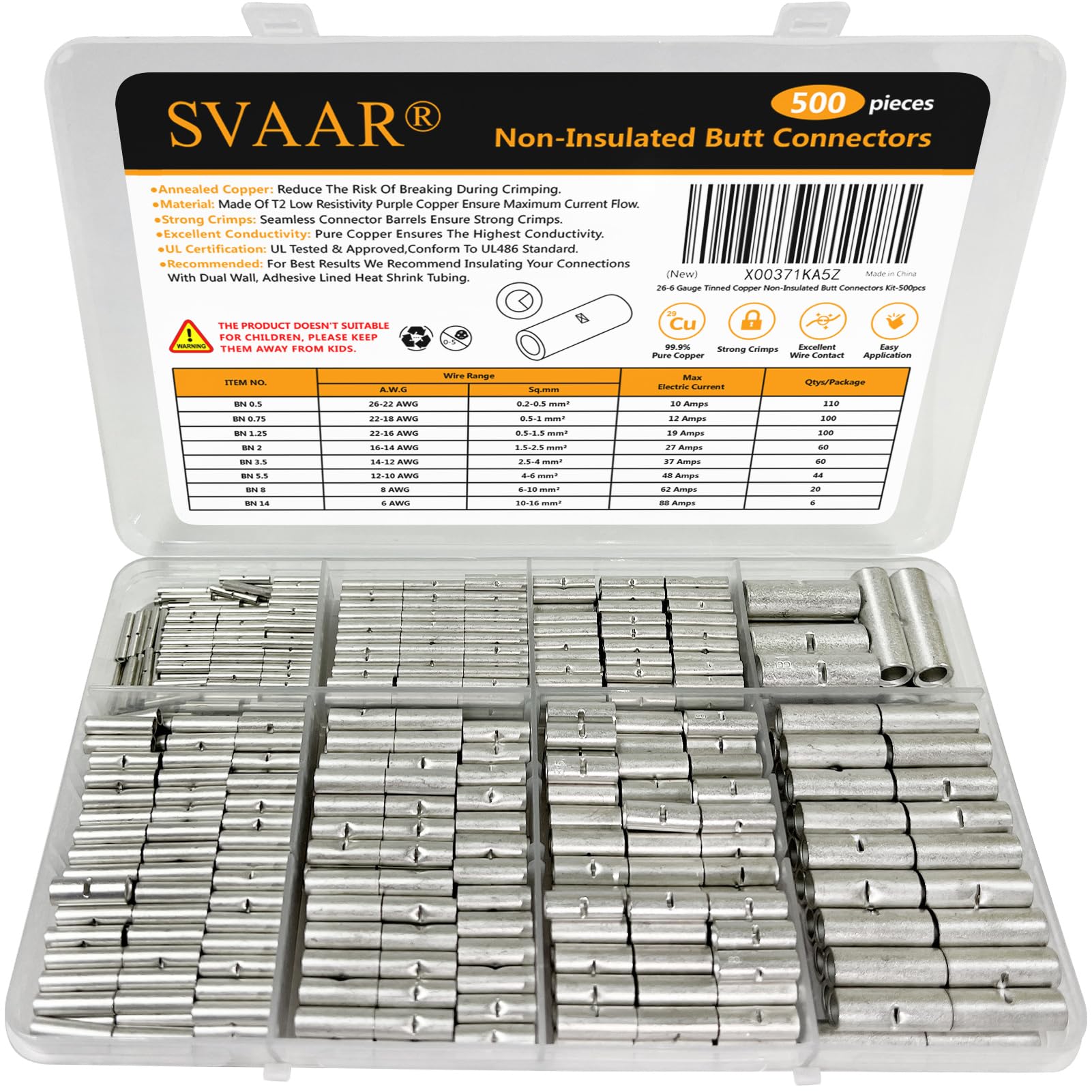 SVAAR 500PCS Non Insulated Butt Connectors 6-26 Gauge Butt Splice Kit 6-26 Gauge Wire Butt Splice, Marine Grade Tinned Copper Crimp Connectors for 26-6 AWG Wiring Uninsulated Butt Terminals