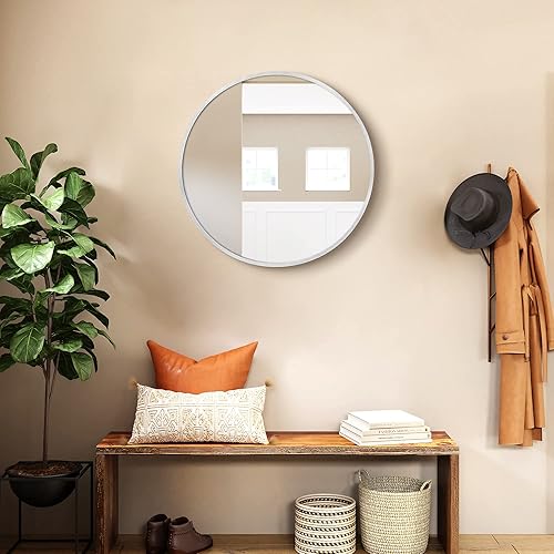 Miniatura 7 de Golden State Art, Espejo redondo plateado de 20 pulgadas, espejo de pared circular para baño, sala de estar, dormitorio, decoración de pared,