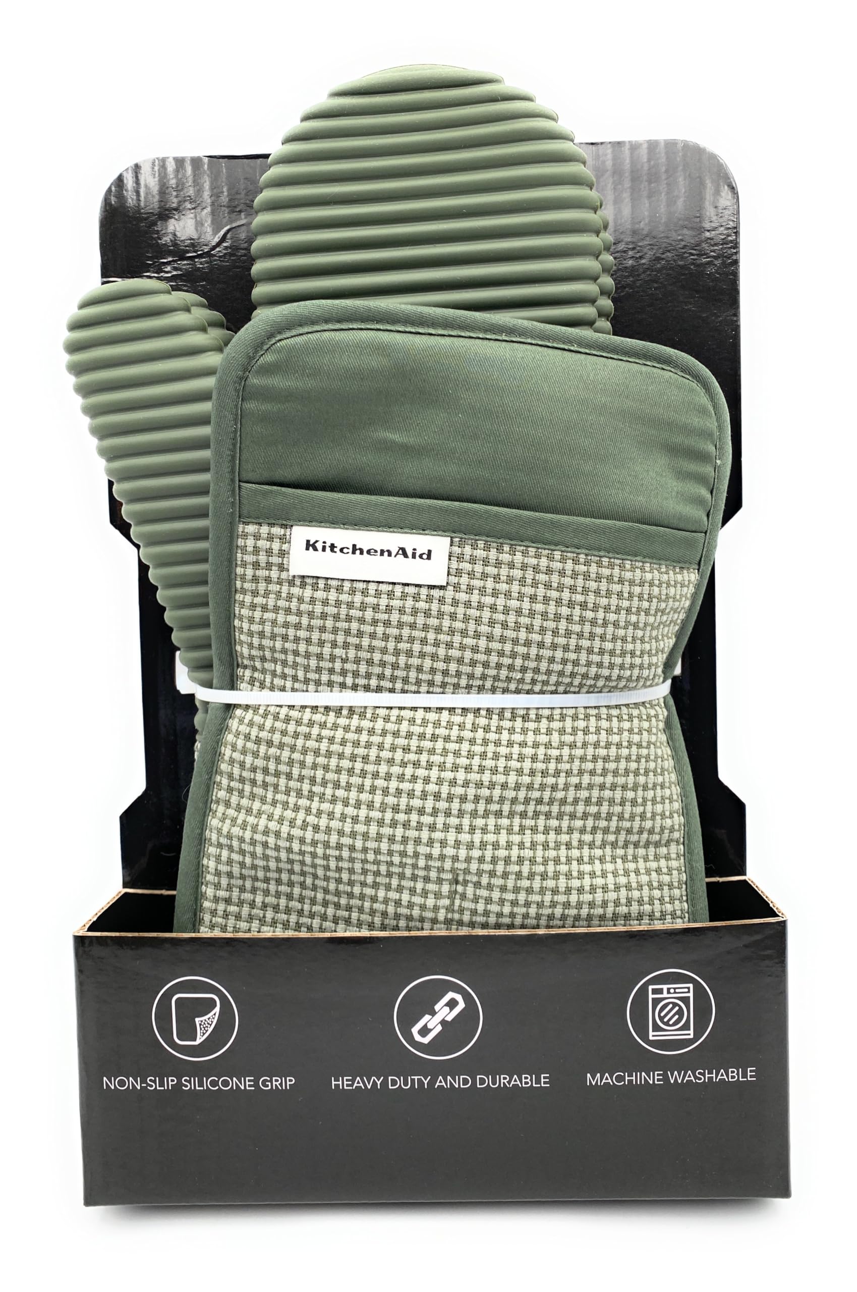 KitchenAid Ofenhandschuhe & Topflappen Set I je 2 Stück I Silicon beschichtet I 2X Oven Mitts & 2X Pot Holders I Baumwolle/Silicon (Grün)