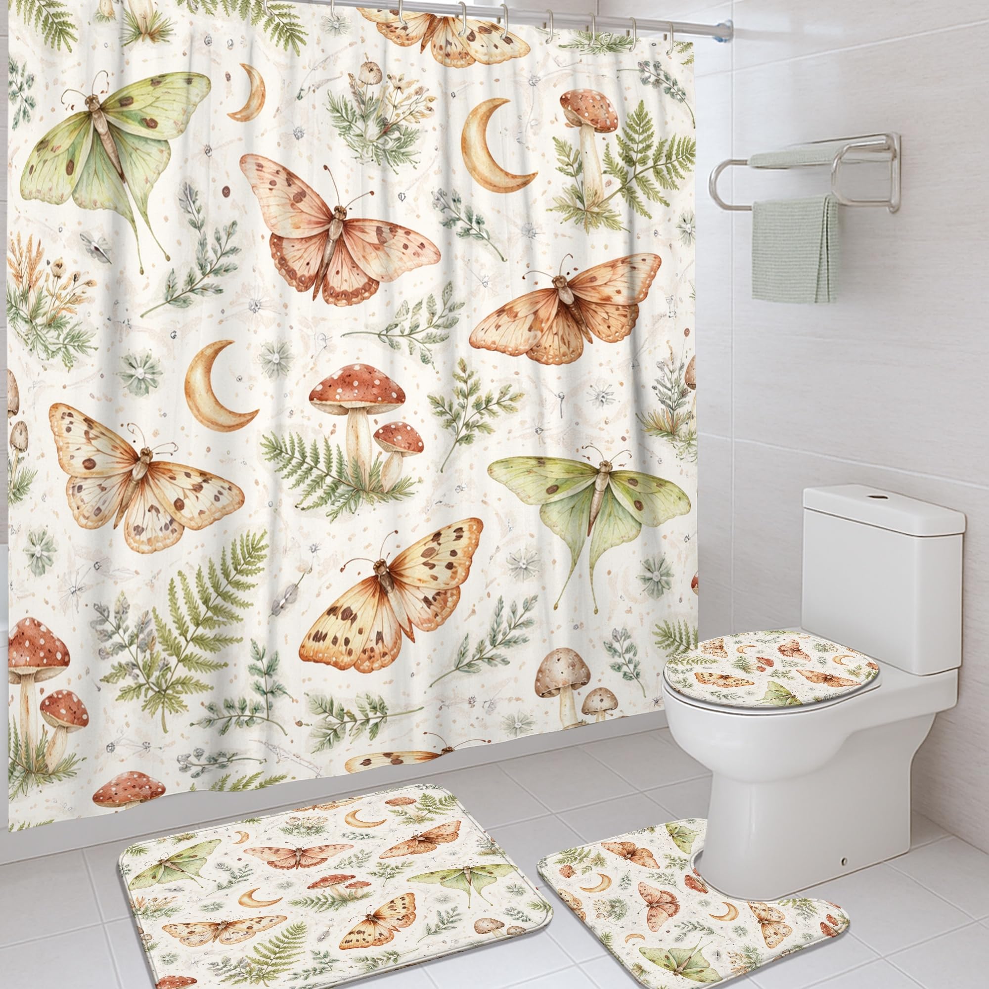 Rideau de douche 183 x 183 cm motif papillon et champignon vert en tissu