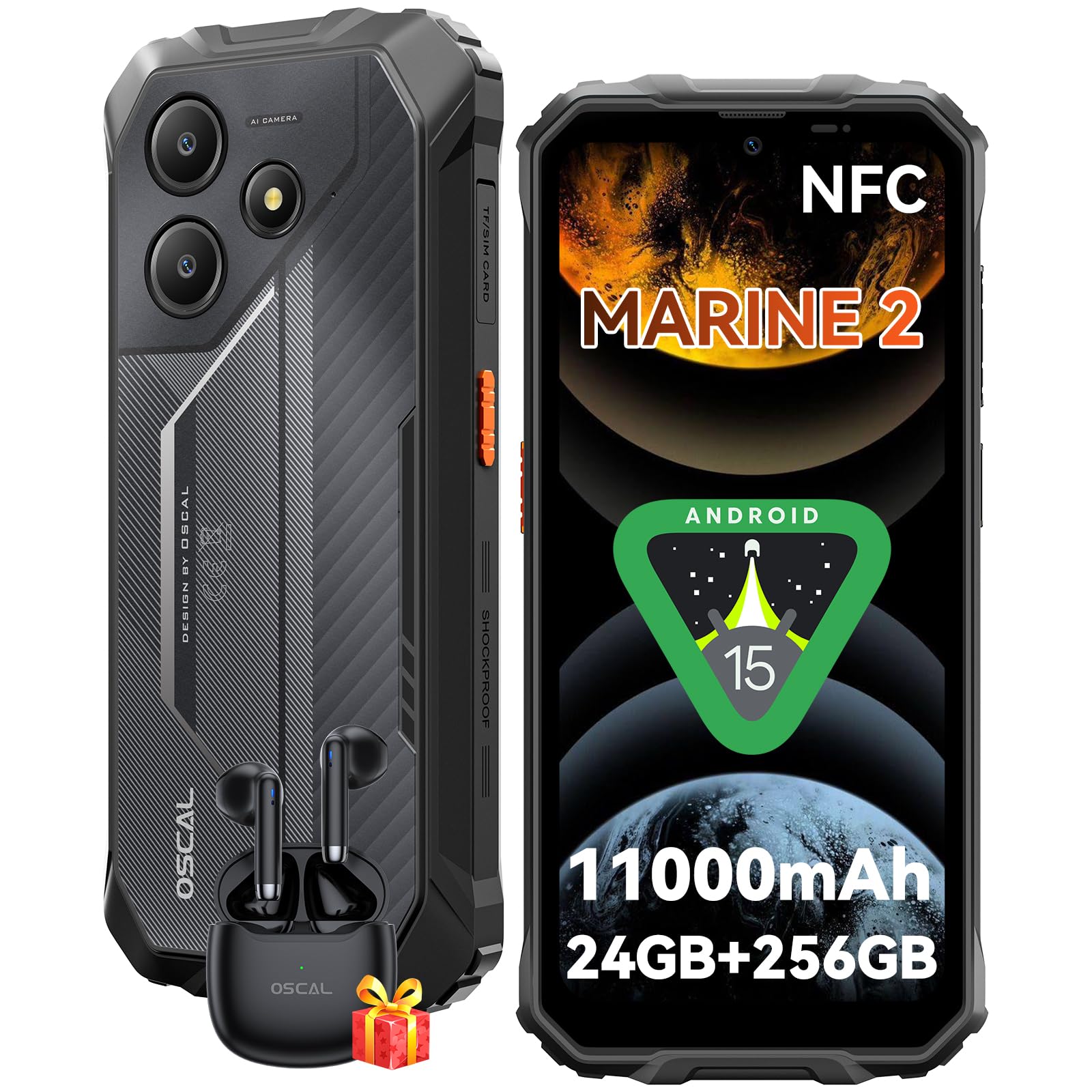 Móvil Resistente OSCAL Marine 2 Con Android 15, Batería De 11000 MAh, 24 GB De RAM Y 256 GB De Almacenamiento, Pantalla HD+ De 6.56” A 90 Hz, Cámara IA De 16 MP, NFC Y GPS, A Prueba De Agua Y Golpes