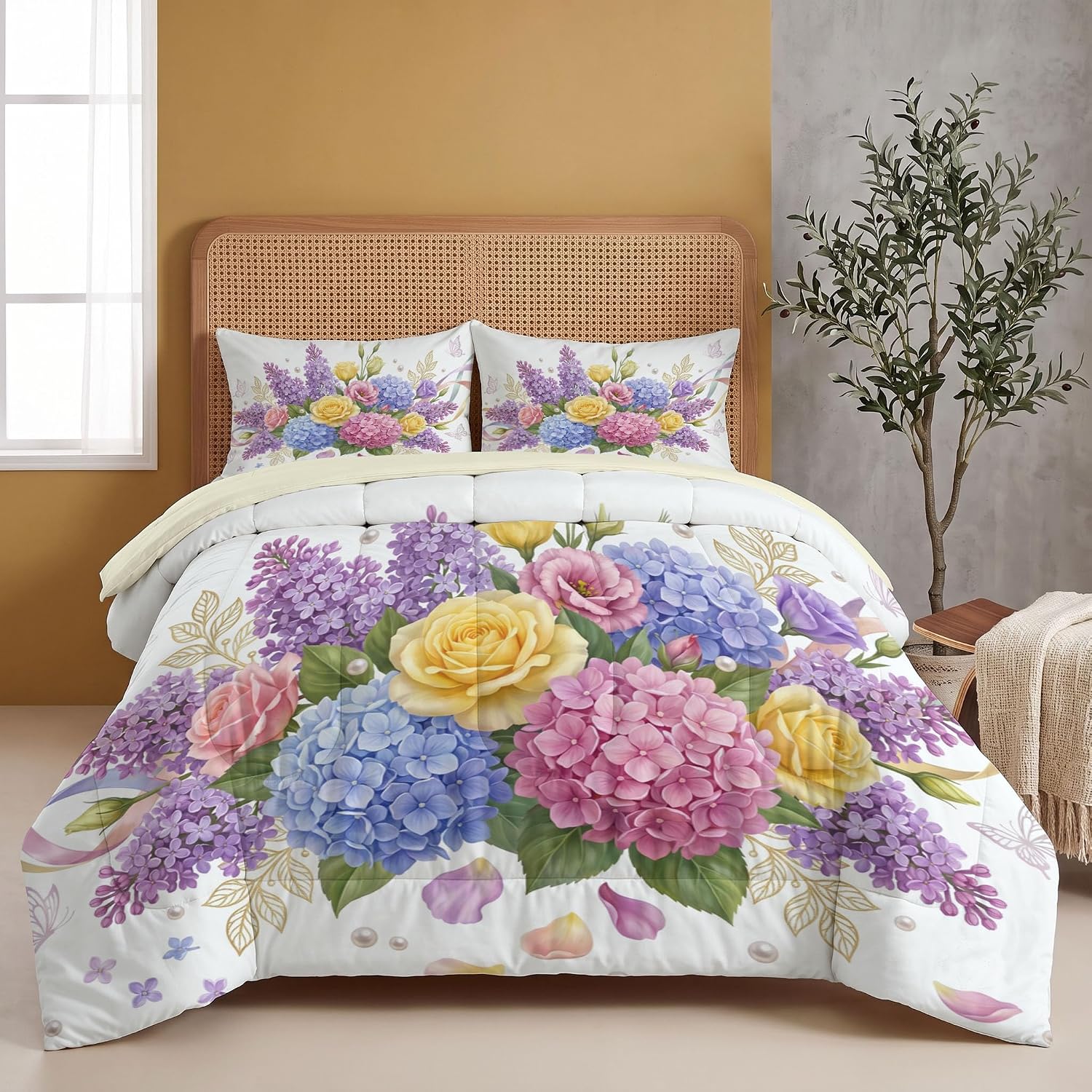 French Flowers Comforter Set Full Size, Lavender Hydrangea Print Breathable Bedding Set for Girls Boys Teens, Light Purple Quilt Duvet with 2 Pillow Cases