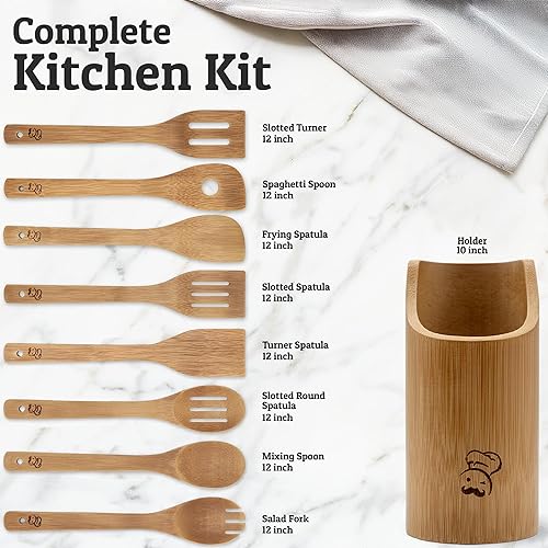 Miniatura 3 de PriorityChef - Cucharas de madera para cocinar, 8 piezas con soporte para utensilios, utensilios de cocina de bambú que no rayan, juego de