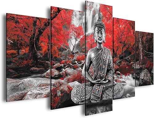 AWLXPHY Decor Lienzo decorativo de pared de Buda, pintura de cascada, enmarcado, 5 paneles para decoración de sala de estar, paisaje moderno,