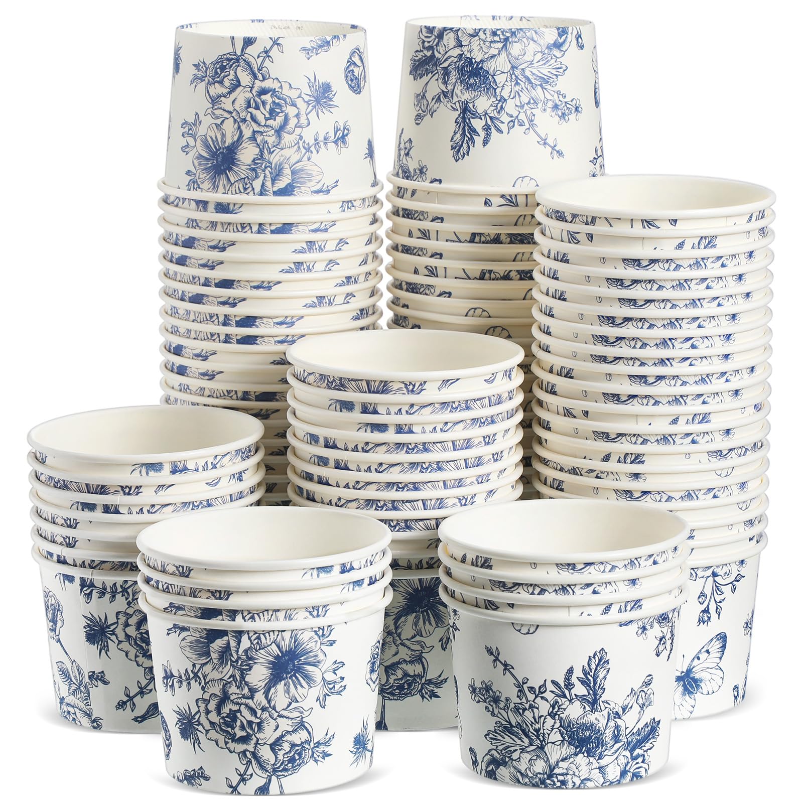 Jingmore 100 Pcs 8 oz Treat Snack Cups Bulk Ice Cream Bowl Cute Coquette Cups Party Favors Disposable Paper Bowls for Birthday Hot Iced Food Soups Sundae Snack Dessert Beverage (Blue Floral Vintage) Blue lue Floral Vintage
