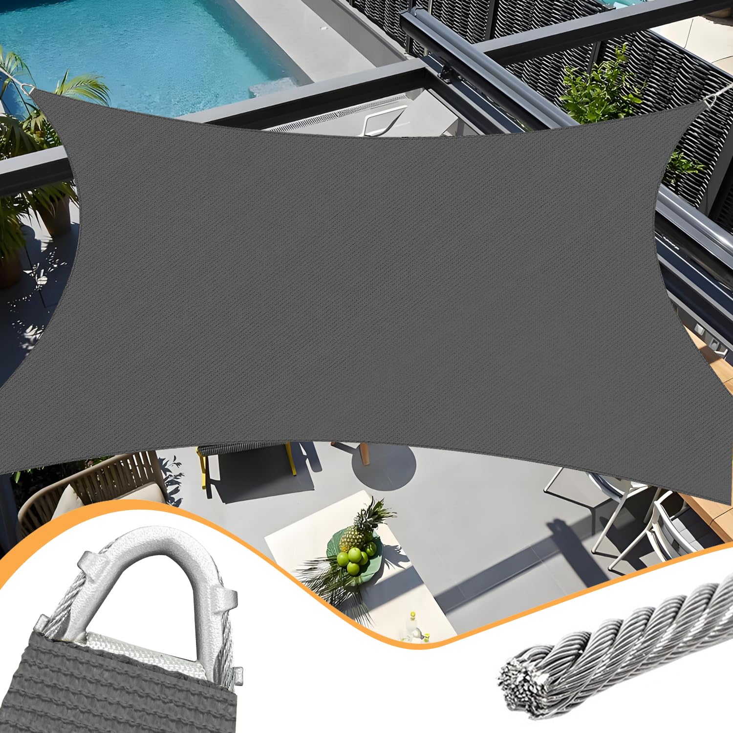 Photo 1 of 16' x 20' Sun Shade Sail Dark Grey Curved Commercial Outdoor Shade Cover with Steel Wire Edges Rectangle Heavy Duty Permeable 185GSM Backyard Shade Cloth for Patio Garden