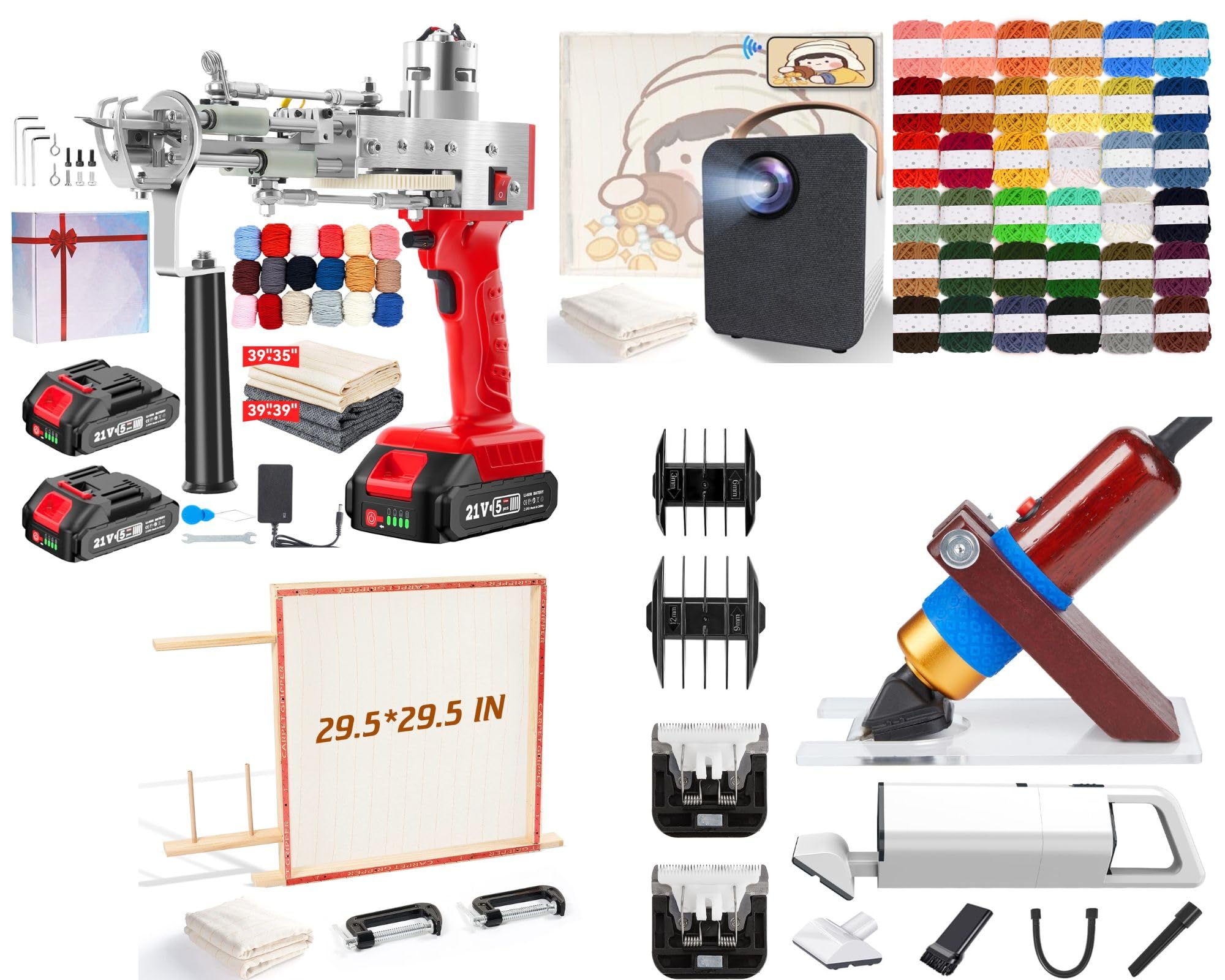 BESGEER 2023 Cordless Rug Tufting Gun Kit with Projector, Frame, Yarn & Trimmer - 2pcs 2.0Ah Batteries, 29.5'' x 29.5'' Frame, 39'' x 39'' Projector, 36-Piece Yarn Kit, Carpet Shaver with Vacuum