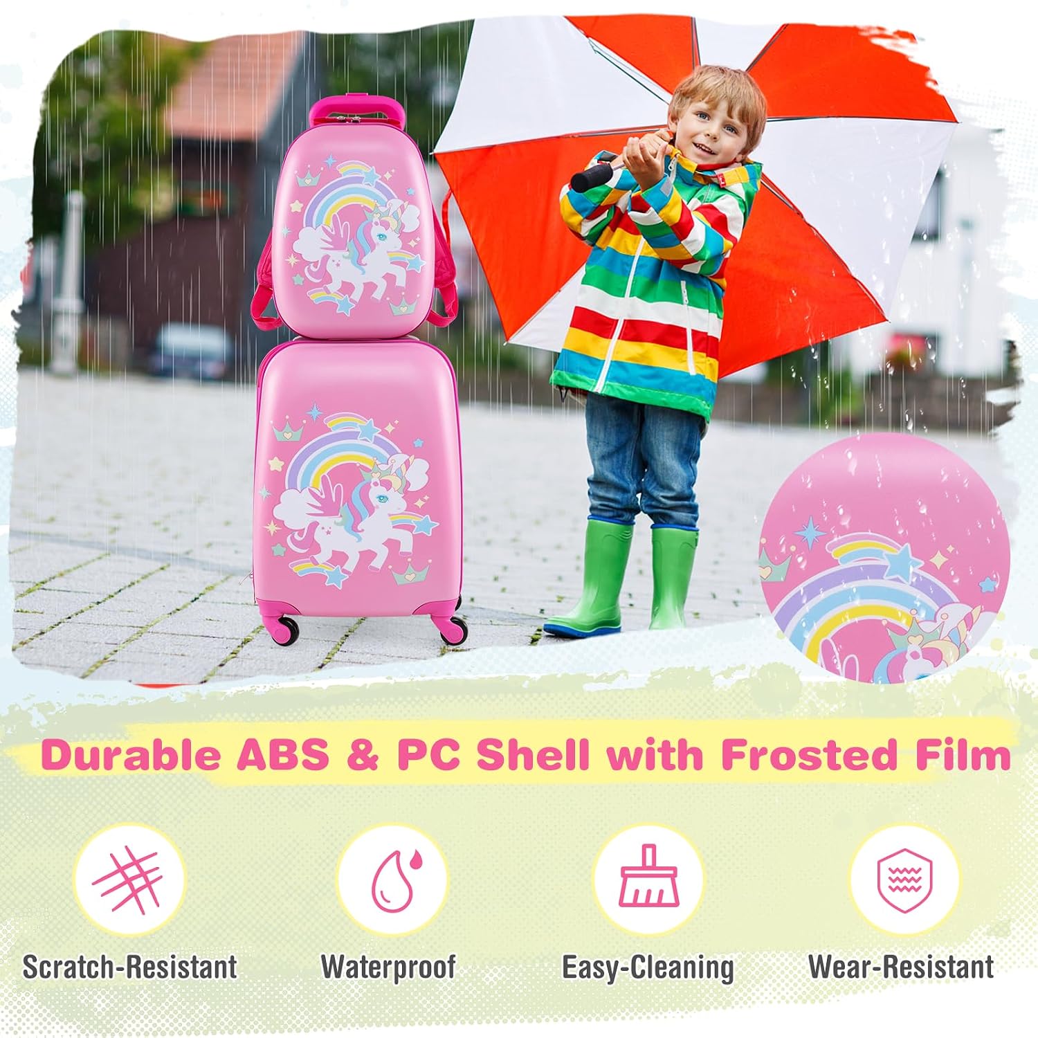 KOTEK Kids Carry On Luggage Set, 16" Hardside Rolling Suitcase with Spinner Wheels, Travel Rolling Luggage for Boys Girls (Rose Unicorn)
