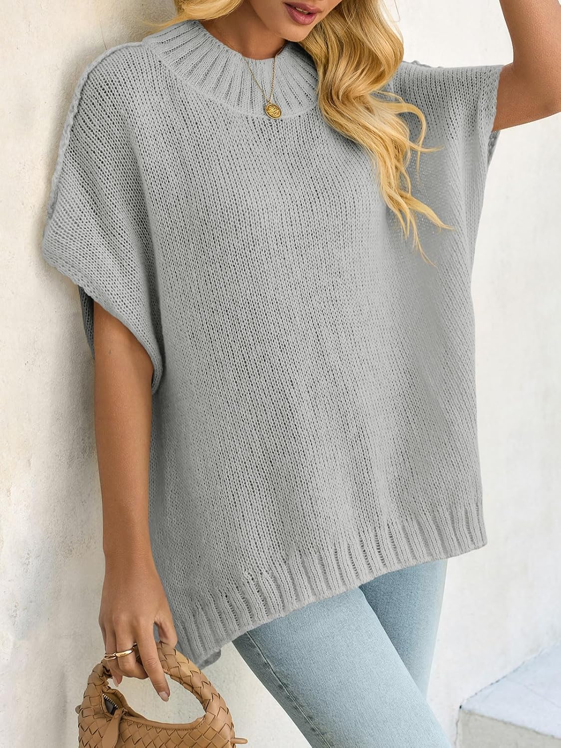 Saodimallsu Womens Oversized Sweater Tops Summer Lightweight Batwing Half Sleeve Casual Loose Knit Pullover Shirts - Image 3